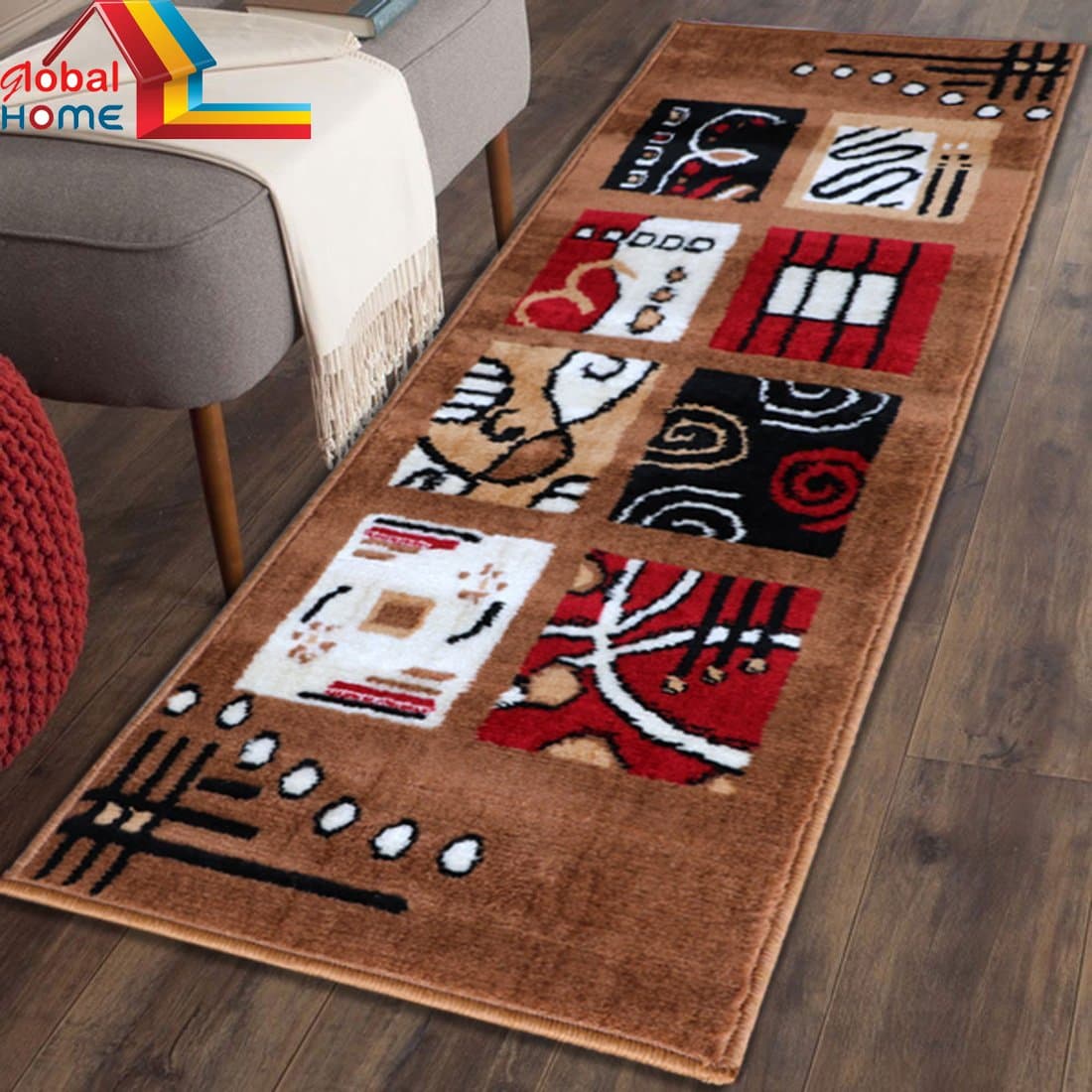 Global Home Multicolor Modern Long Lasting, Washable Rugs / Carpet / Floor mat ( 22 x 55 Inch ), Viscose Touch, Soft for Bedroom / Living Room / Drawing Room - Brown Gold