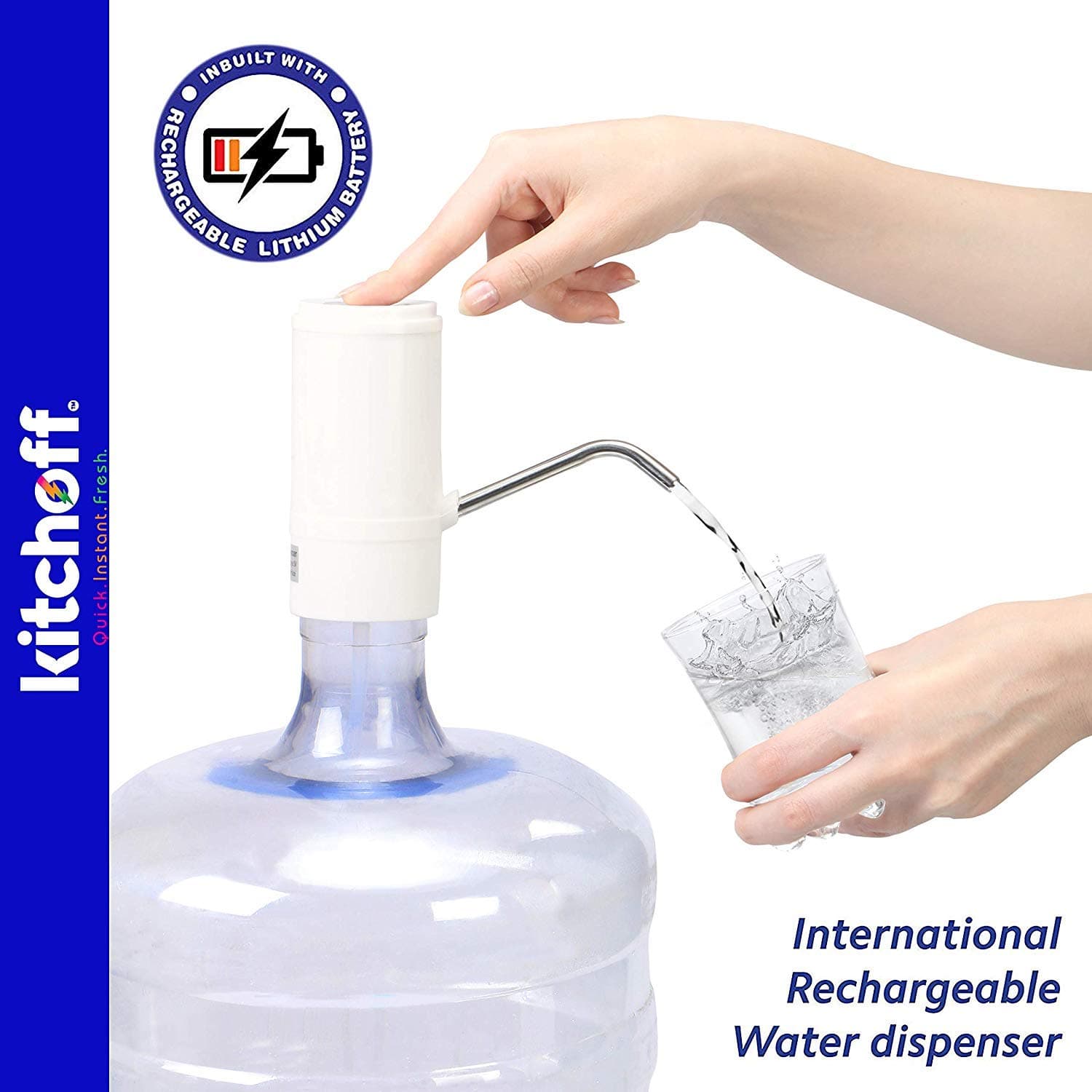 KITCHOFF Automatic Wireless Water Bottle Can Dispenser Pump / Switch with Rechargeable Battery for 20 Liter Water Bottle Pump with Portable USB Charging Cable (White)