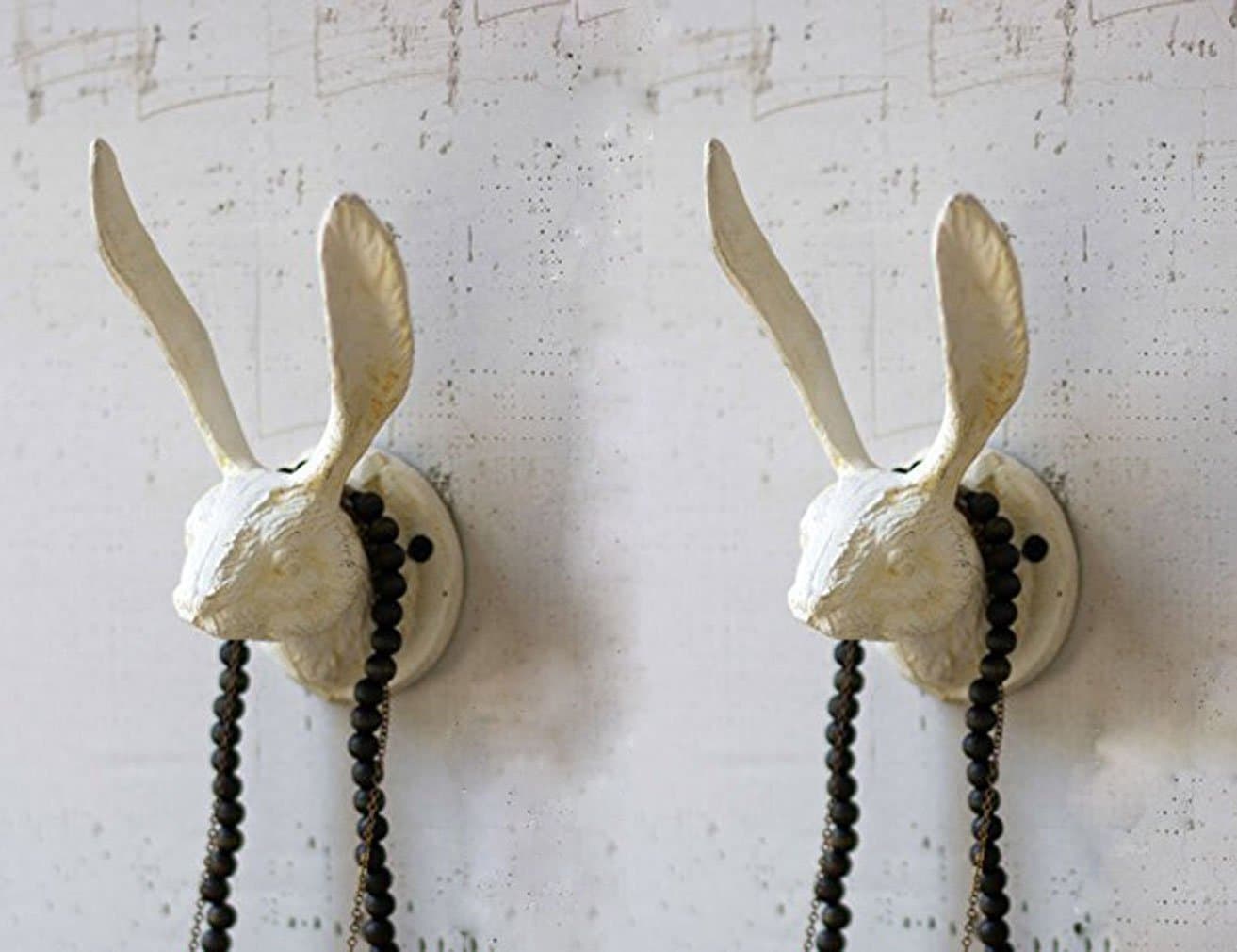 Spacepositive Kalalou Cast Iron Rabbit Wall Hook Rustic Antique White Finish with Mounting Screws, 7.2 Inches Long by 3.25 Inches Tall by 4 Inches Wide Set of 2