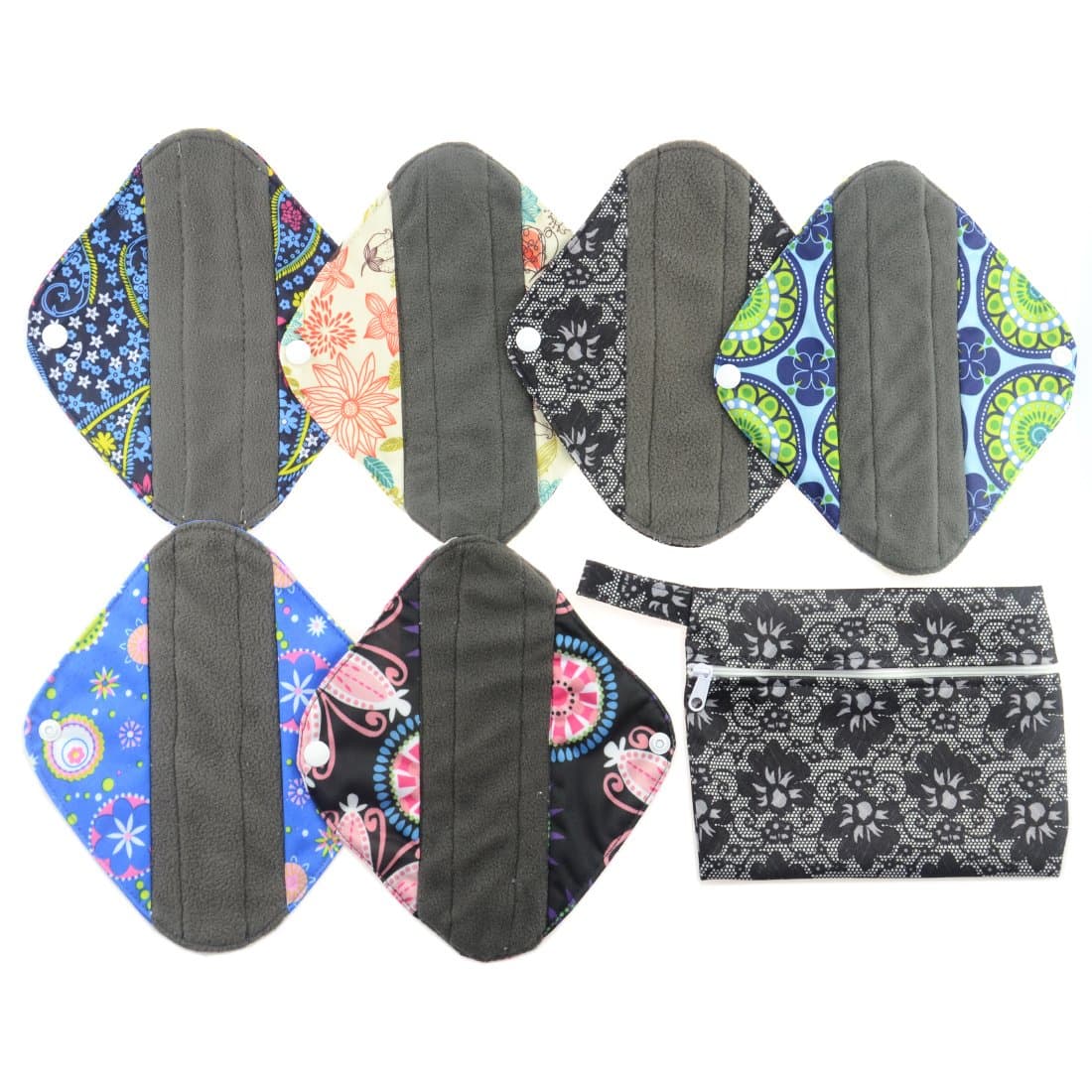 Charcoal Bamboo Reusable Cloth Menstrual Pad - 7pcs Set 1pc Mini Wet Bag +6pcs 8 Inch Mama Cloth/Menstrual Pads/Reusable Sanitary Pads/Panty Liners