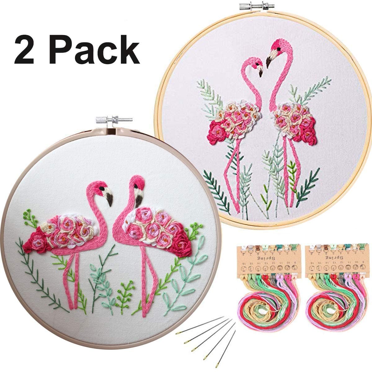 KonrisaFlamingo Embroidery Kit for Beginners with Pattern Cross Stitch Kit Floral Stamped Embroidery Starter Kit for Adults,include Embroidery Hoops, Cloth,Needle,Color Thread Tools Kit,Set of 2