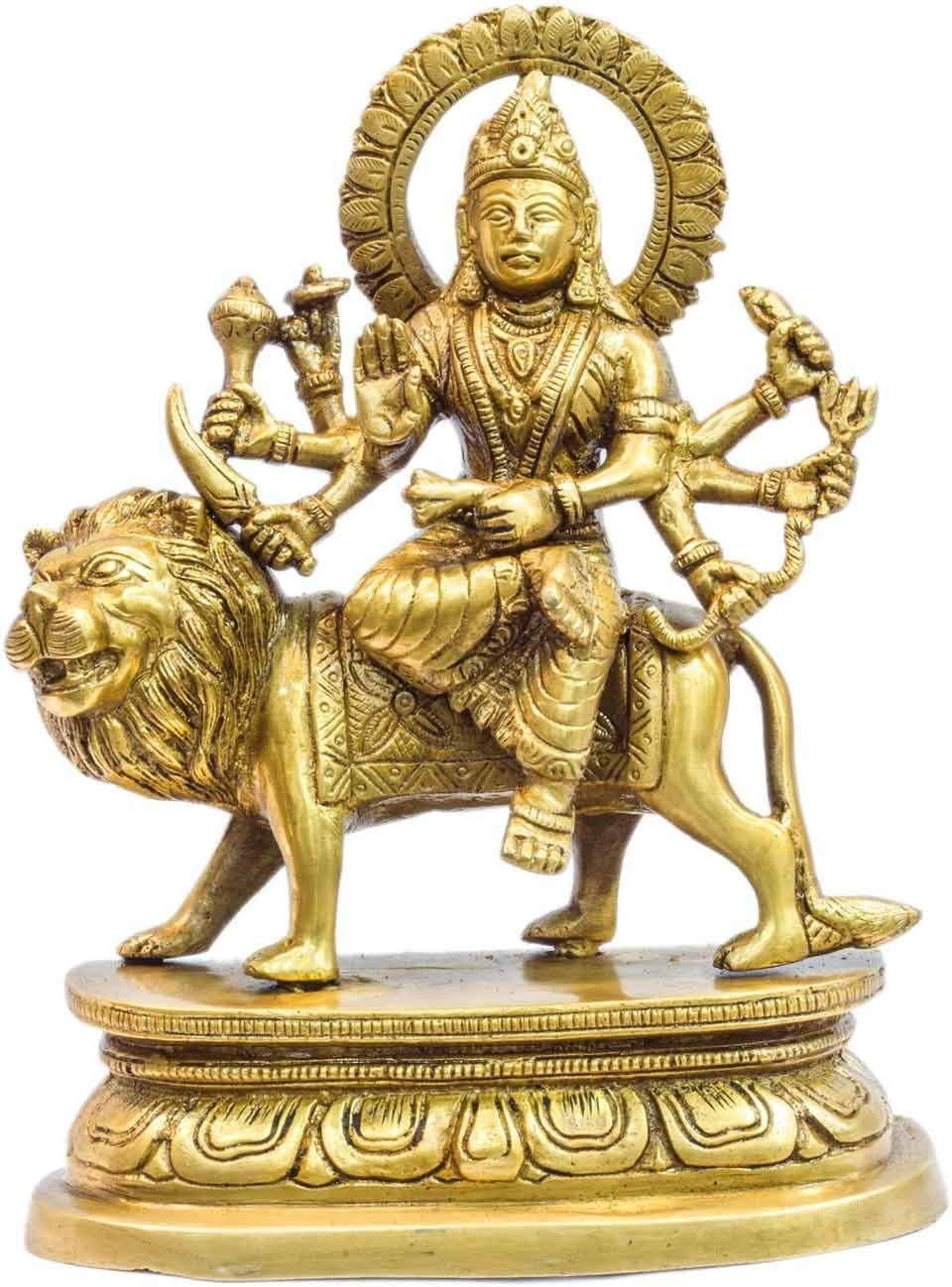 Aone India Durga Idol - Sitting Pose - Durga and Tiger Idol - Golden Coating Color - 8"