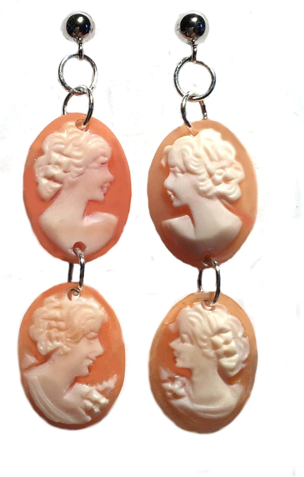Cameo Earrings Master Carved, Carnelian Shell, Post Back Dangle, Sterling Silver, Italian, Imported