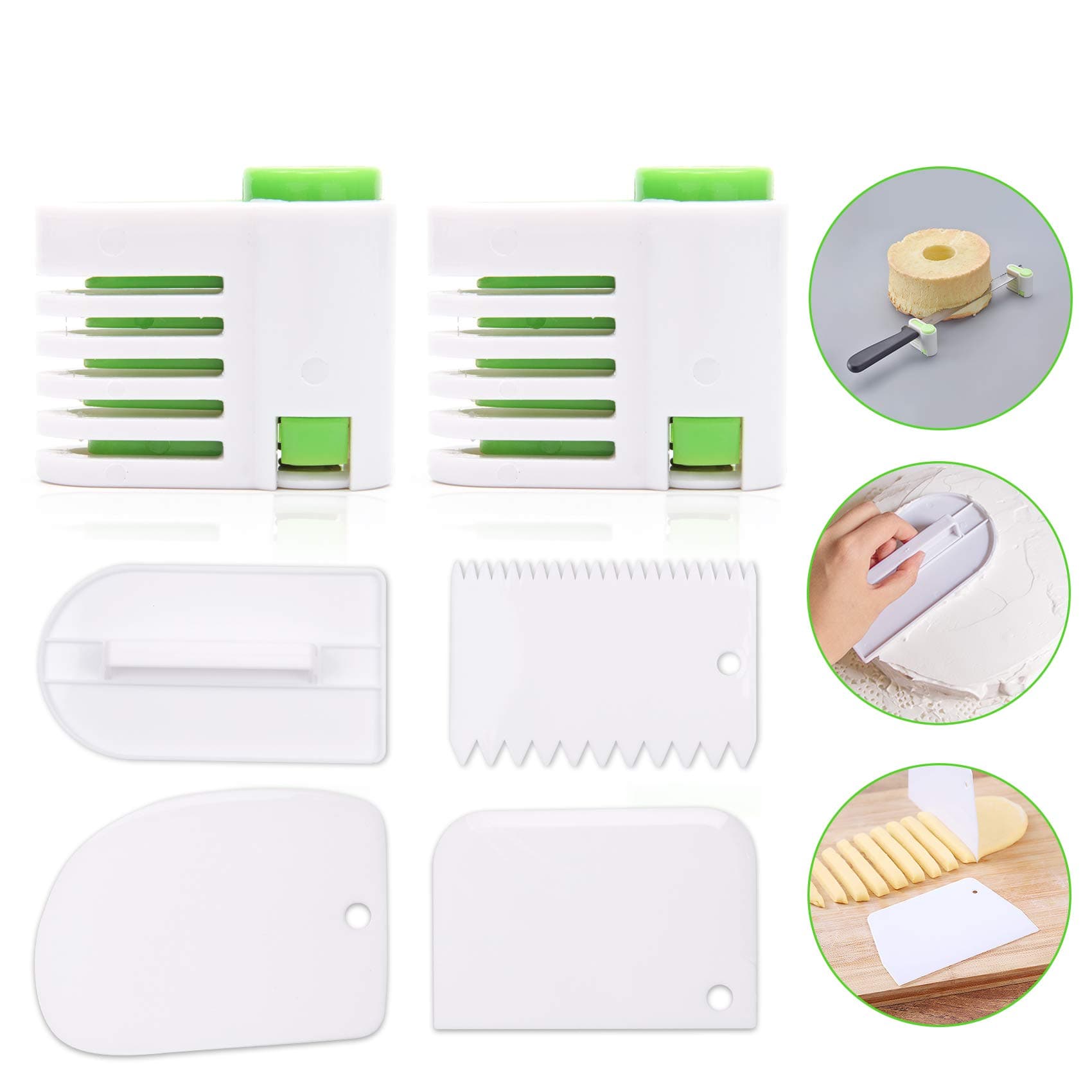 SAYOPIN 6PCS DIY Cake Cutter Slicer, 2PCS Adjustable 5 layer Stratification Auxiliary Cake Leveler Bread Slicer, 4PCS Icing Cake Scraper Smoother Kitchen Gadget for Making Cake and Bread