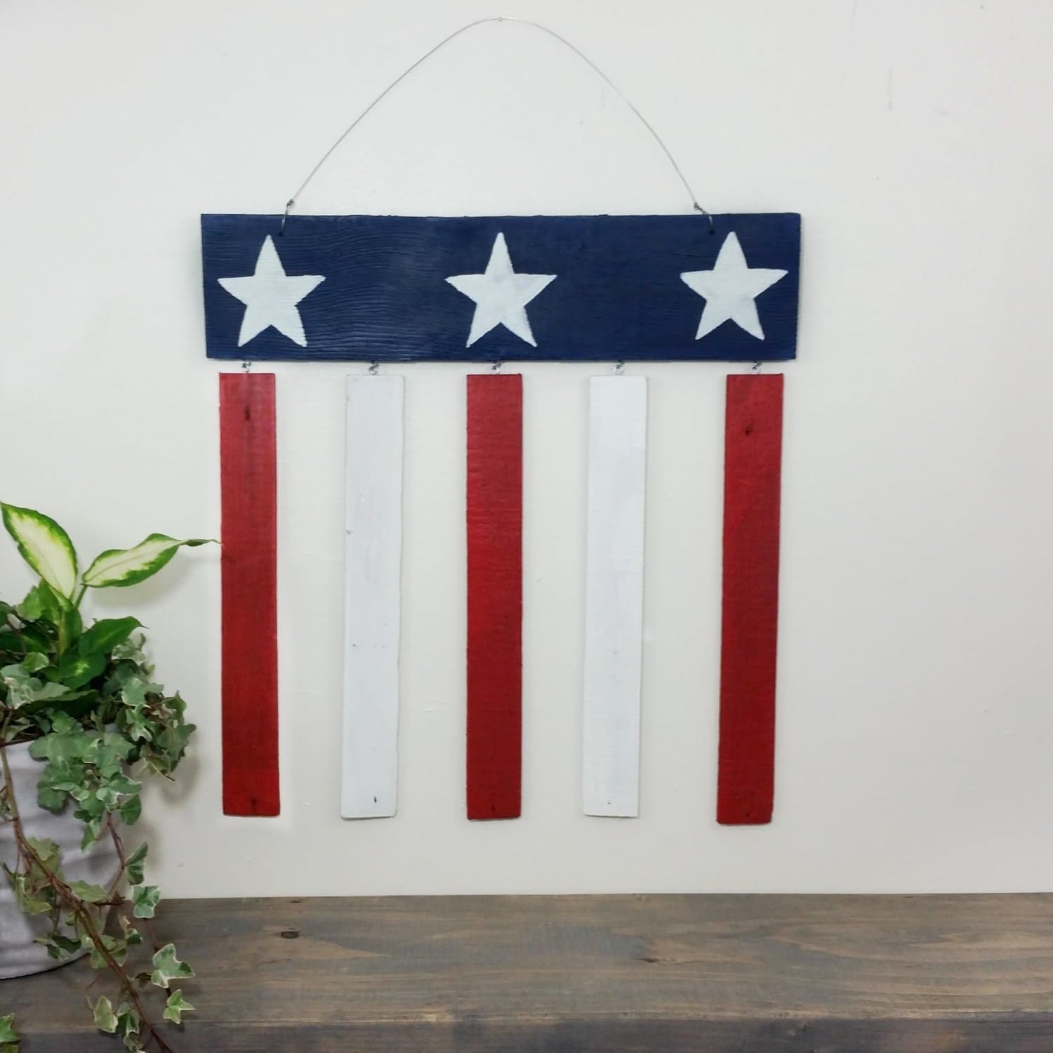 Rustic Patriotic Wood Red White and Blue Hanging Flag