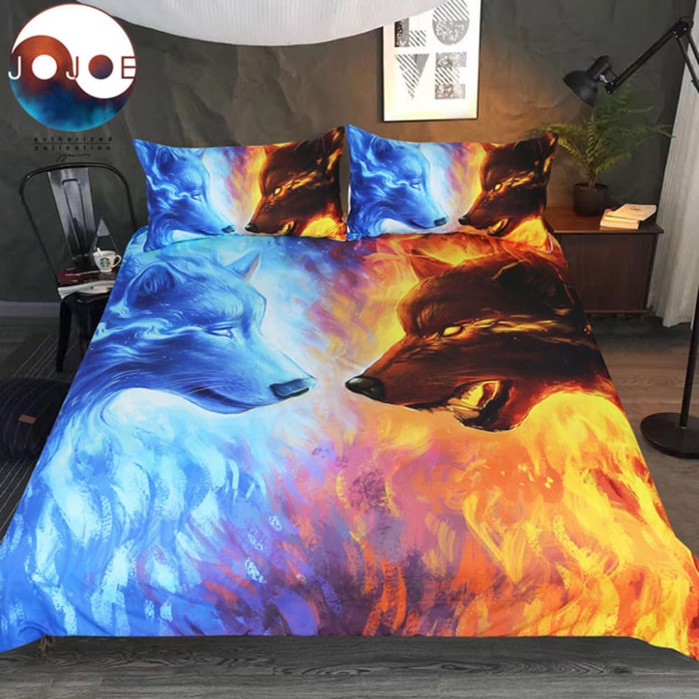 SHASHA 3D Bedding Set Fire And Ice By JoJoesArt Bedding Set Blue And Yellow 3D Quilt Cover With Pillowcases Wolf Wolves Bed Set 3-Piece Home Textiles,King264cmx228cm