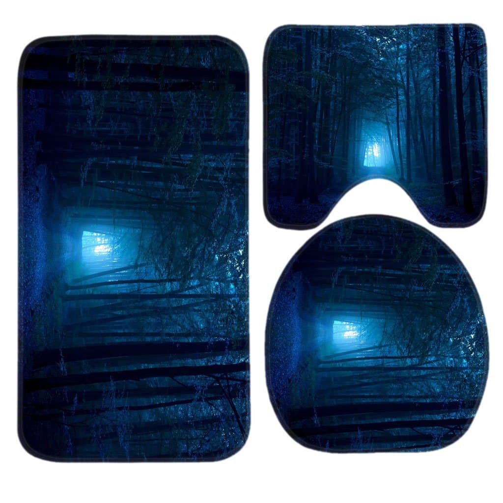 Dark Blue Night Forest Bath Mat Set,3 Piece Bathroom Mats Set Non-Slip Bathroom Rugs/Contour Mat/Toilet Cover by TEYAYA