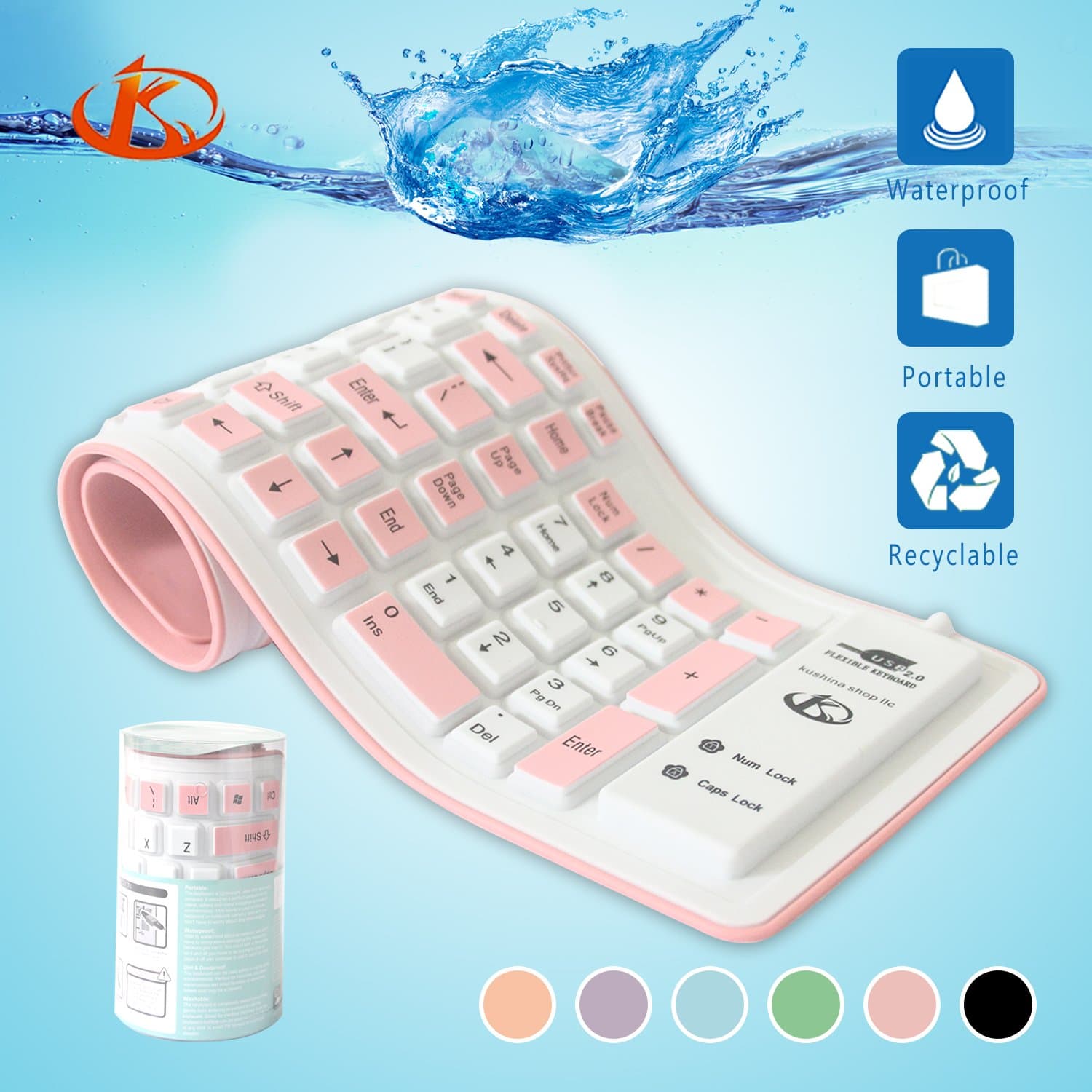 Kushina Foldable Silicone Keyboard USB Wired Flexible Soft Waterproof Computer Desktop Keyboard for PC Laptop Notebook (Pink)