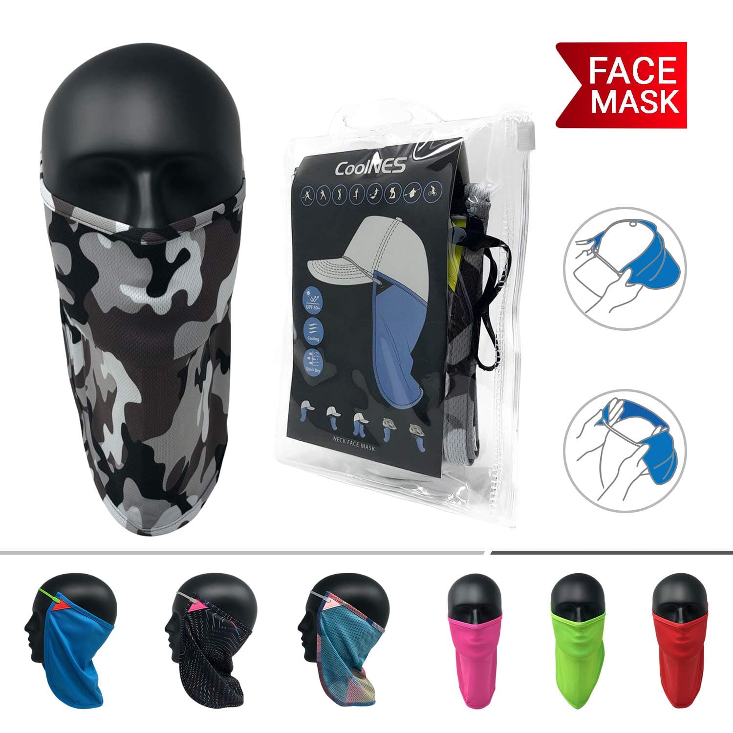 CoolNES UV Face Mask or Neck Sun Shield | 1 Product 2 Uses | Removable Universal Fit Headband + Flap | Cap | Hat | Bike | Ski | Hard Hat Helmets UPF 50+ Patented Multifunctional Headwear