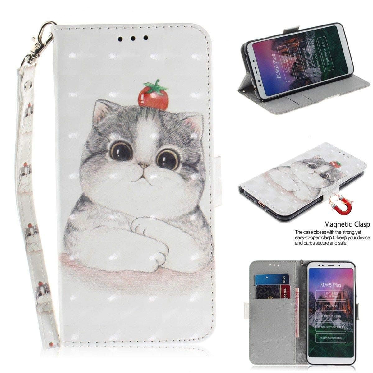JEEXIA® Case For Xiaomi Redmi 5 Plus, Classic PU Leather Flip Wallet Cover case Built-in bracket Card Slot Anti-scratch 3D painting effect - Cute cat
