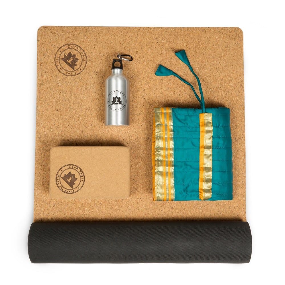 CorkYogis Yoga Gift Pack Set Includes 3mm thick Non-Slip Cork Yoga Mat 172cm x 60cm, Yoga bag, Yoga block and aluminium sports water bottle