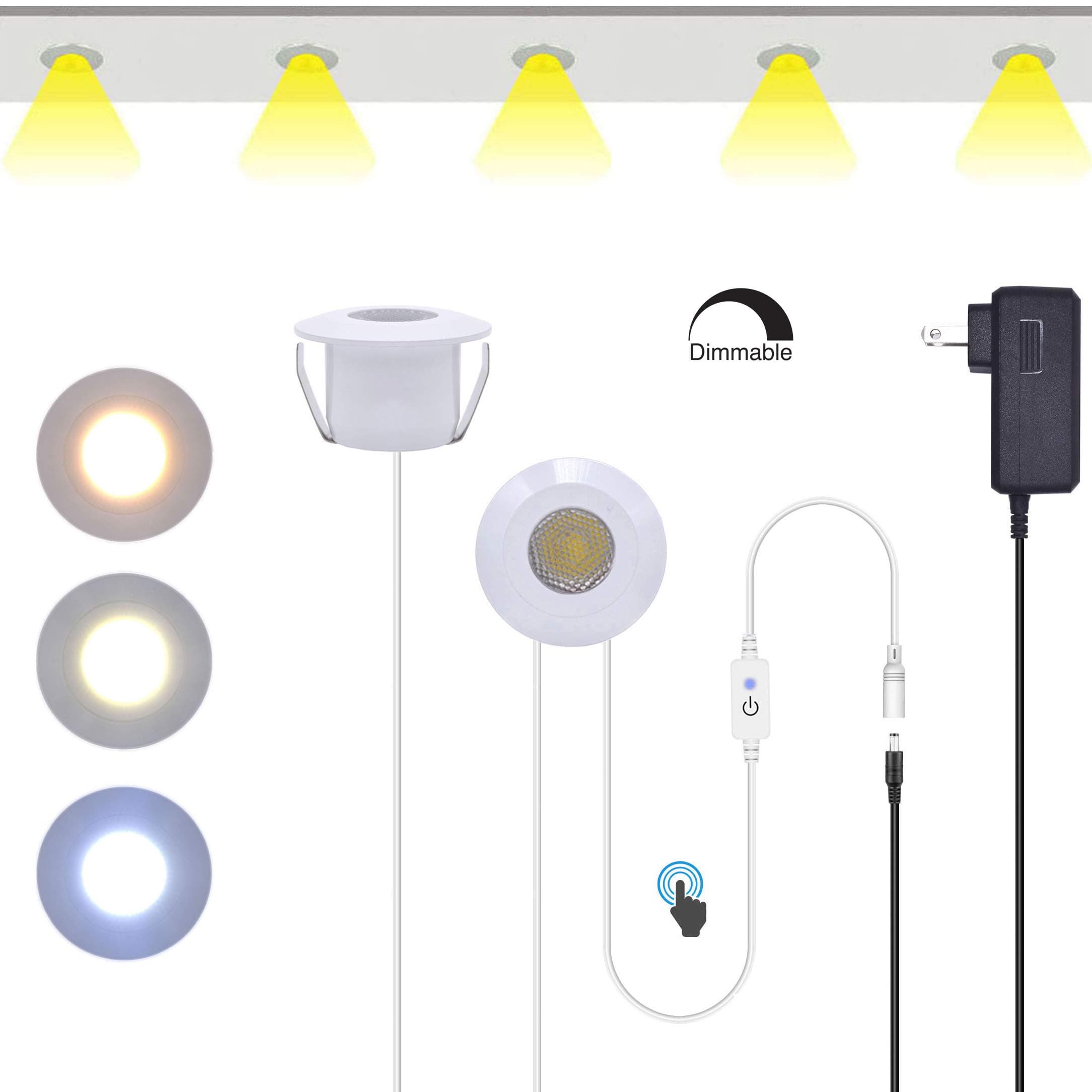 10 Bulbs 30Ft 2W 12V LED Mini Recessed Downlight Under Cabinet Spotlight Ceiling Crown Molding Light Parallel Connection String Light Plug & Play Kit (Natural White 4500K)