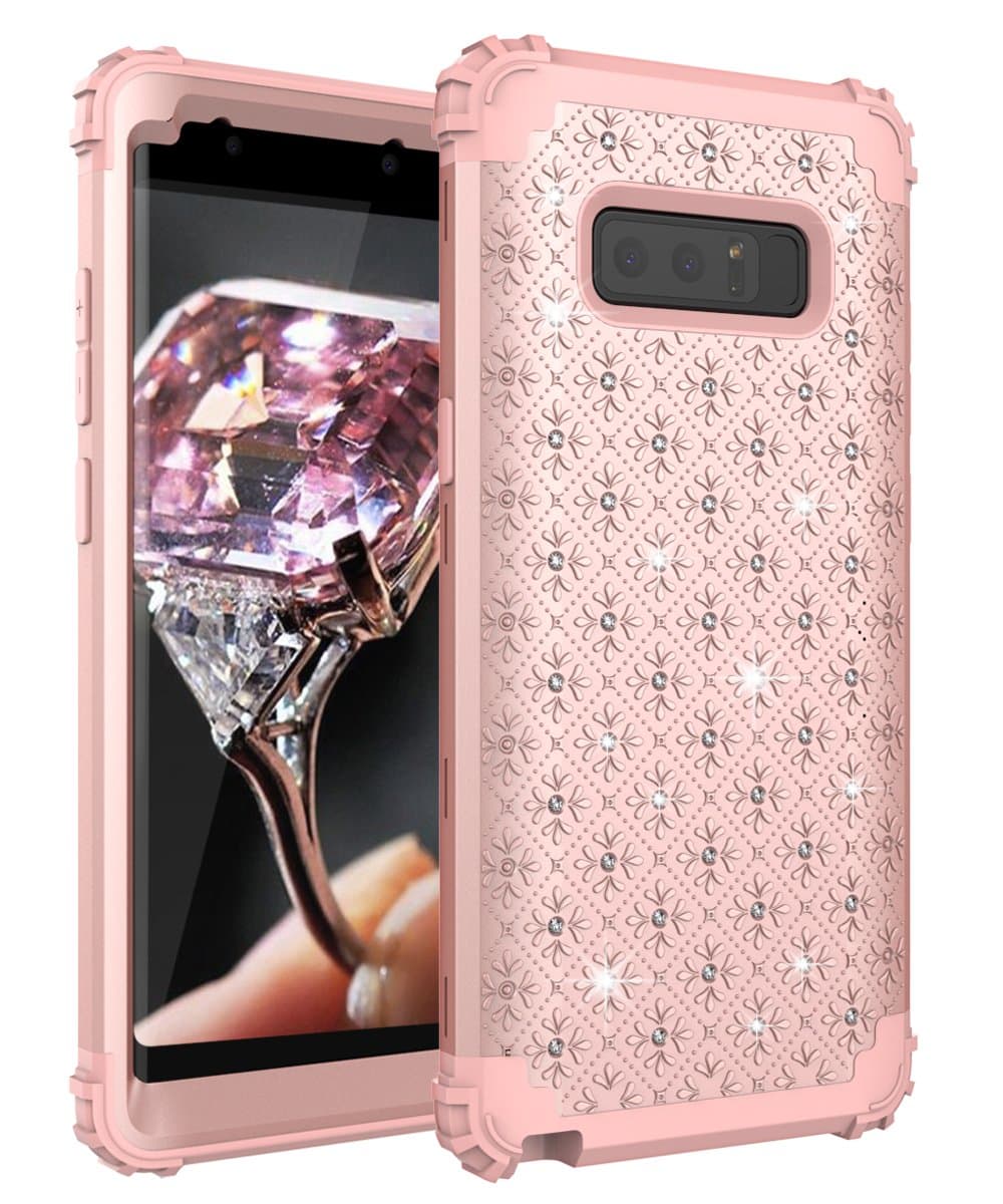 AdiWon Samsung Galaxy Note 8 Case Glitter Bling Crystal Diamond Girly Rhinestone for Girls/Women Three Layer Hybrid Shockproof Protective Cover,Rose Gold