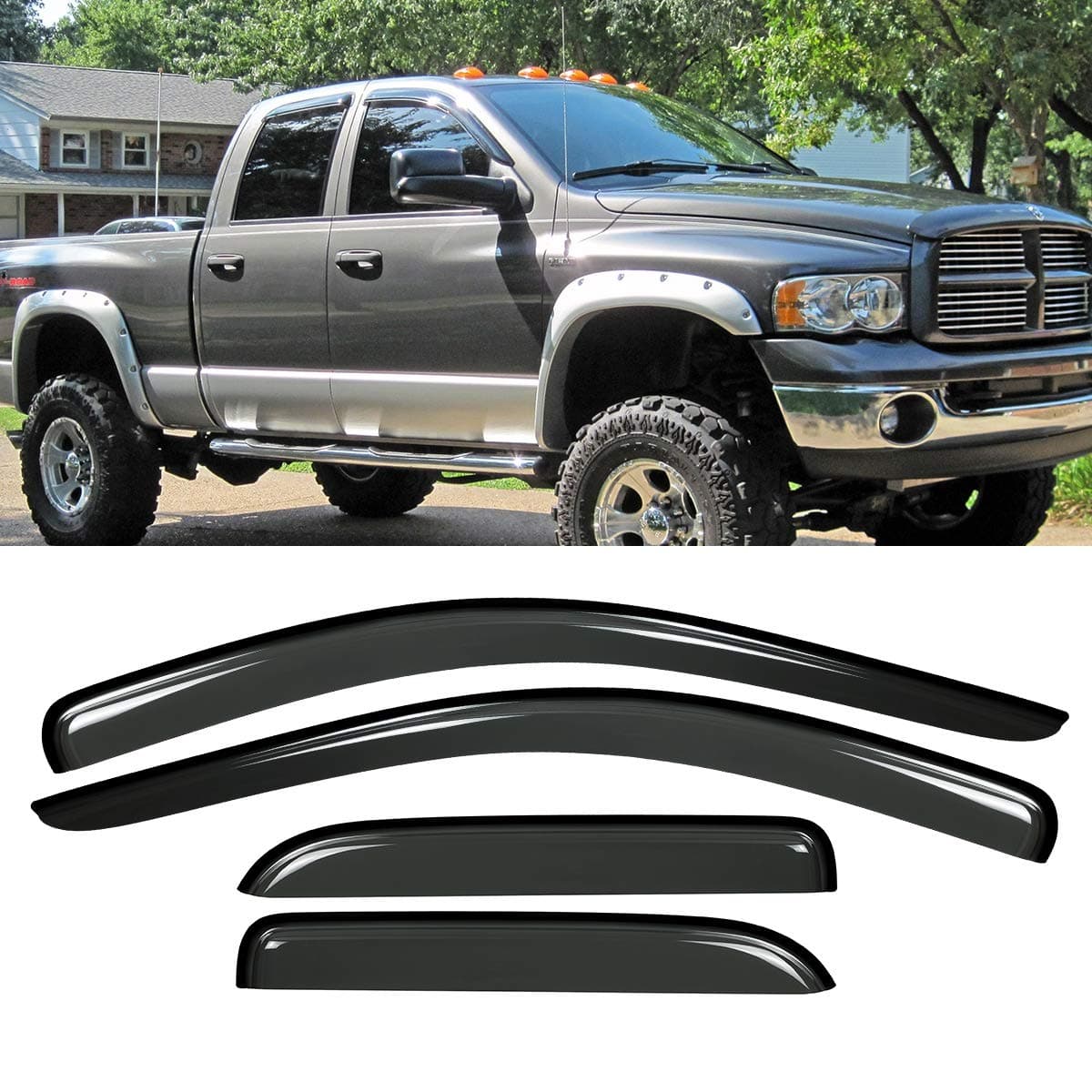 New 4pcs for 02-08 Ram 1500 03-09 2500/3500 Quad/Crew Cab Dark Smoke Out-Channel/Outside Mount Style Wind Sun Rain Guard Vent Shade Deflector Window Visorss