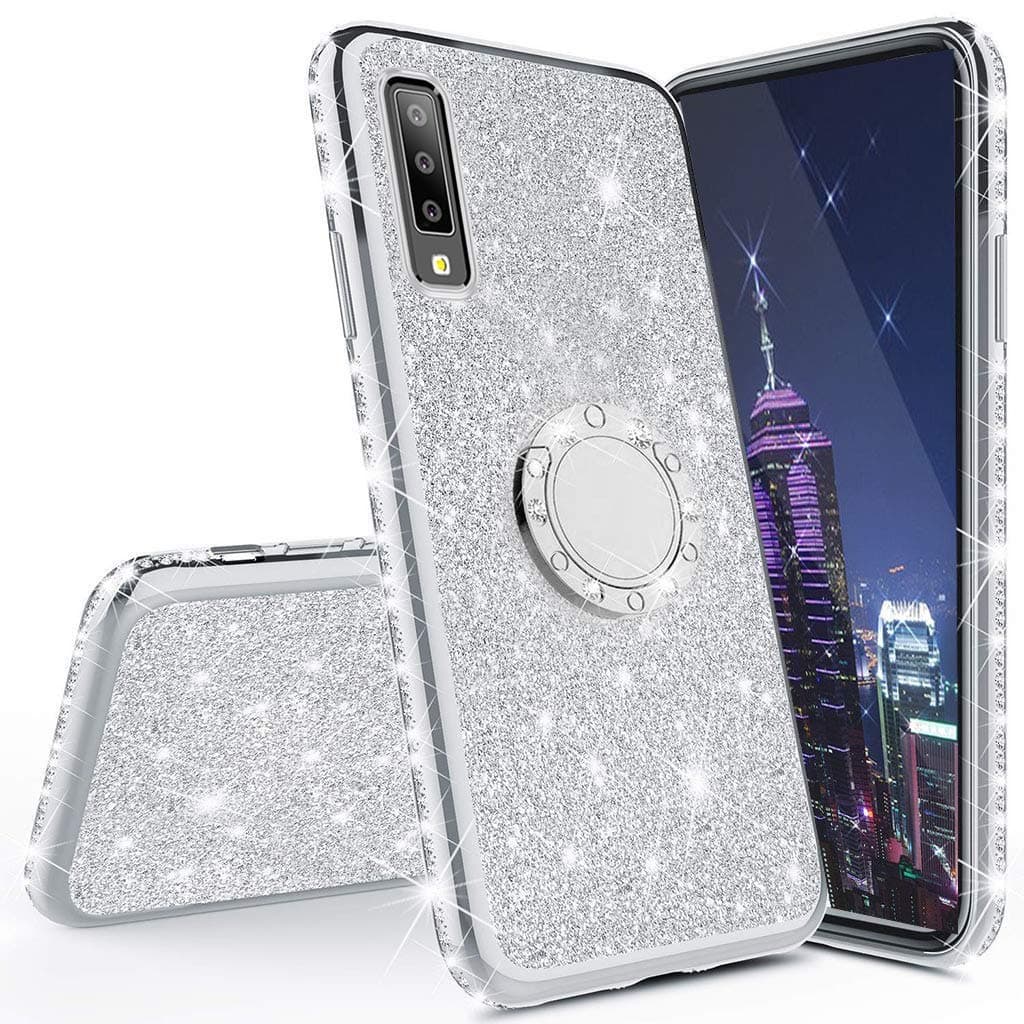 ISADENSER for Samsung A20S Case Galaxy A20S Case Ultra-Slim Glitter Bling Diamond Luxury Plating Silicon TPU Soft Cover with Ring Stand Holder for Samsung Galaxy A20S,Silver TPU with Stand Holder