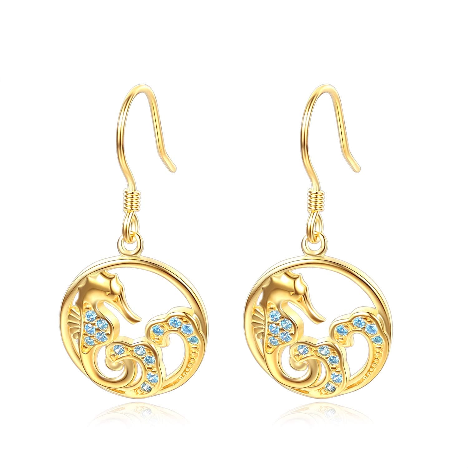 Seahorse Dangle Earrings Blue Ocean Wave Animal Eardrop Sterling Silver 925 Cubic Zirconia For Women