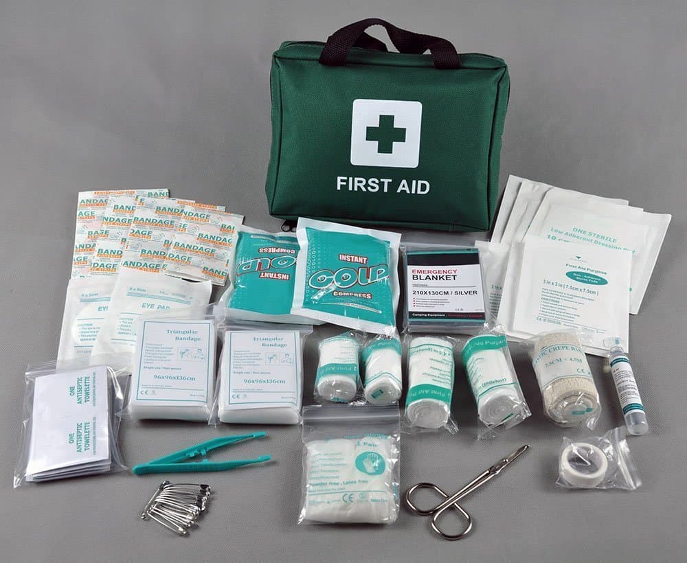 100 Piece Premium First Aid Kit Bag - Includes Eyewash, 2 x Cold (Ice) Packs and Emergency Blanket for Camping, Hiking, Mountaineering, Car, Travel Free Survival E-Book (Green)