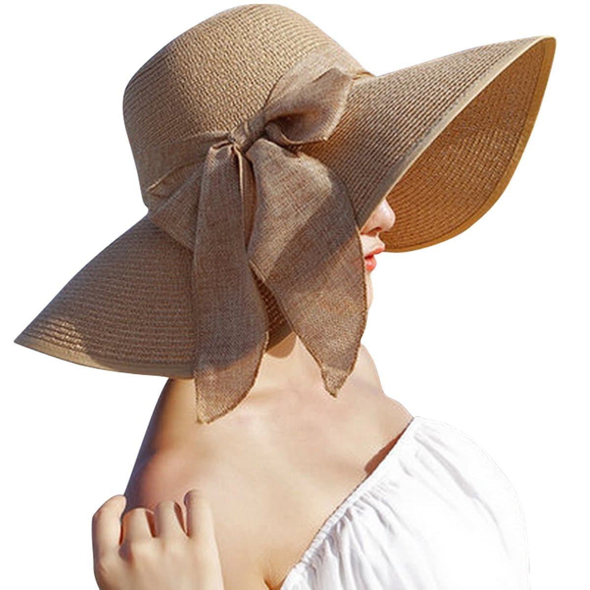 Women Big Bowknot Straw Hat Floppy Foldable Roll Up Beach Cap Sun Hat