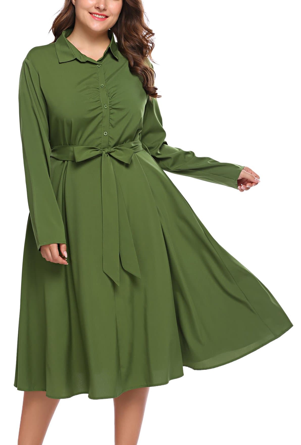 Involand Womens Plus Size Long Sleeve Belted Button Down Plaid Tunic Shirt Dress