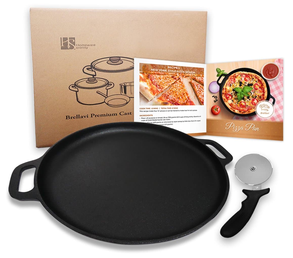 14 Inch Cast Iron Pizza Stone - Pizza Making Set - Pre-seasoned 14" Baking Stone + 4" Pizza Slice Cutter - Great For Pizza Crust, Dosa & Crepe