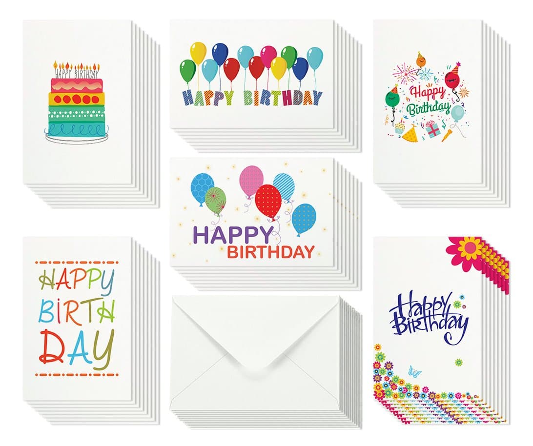48 Happy Birthday Card Bulk Assortment Set – 6 Fun Designs with Blank Inside – 4 x 6 Inch Cards Include Envelopes and Card Storage Box