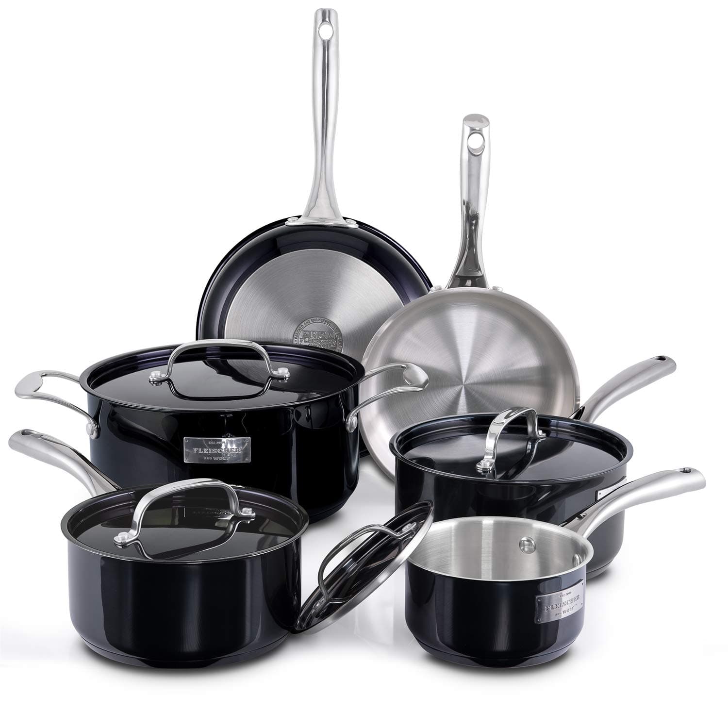 Fleischer & Wolf Cookware Sets 10-Piece,Hard Anodized Dishwasher Safe PFOA Free,Pots and Pans Sets,Titanium Coated,Stainless Steel,Oven Safe 500F, Induction Compatible (Black)