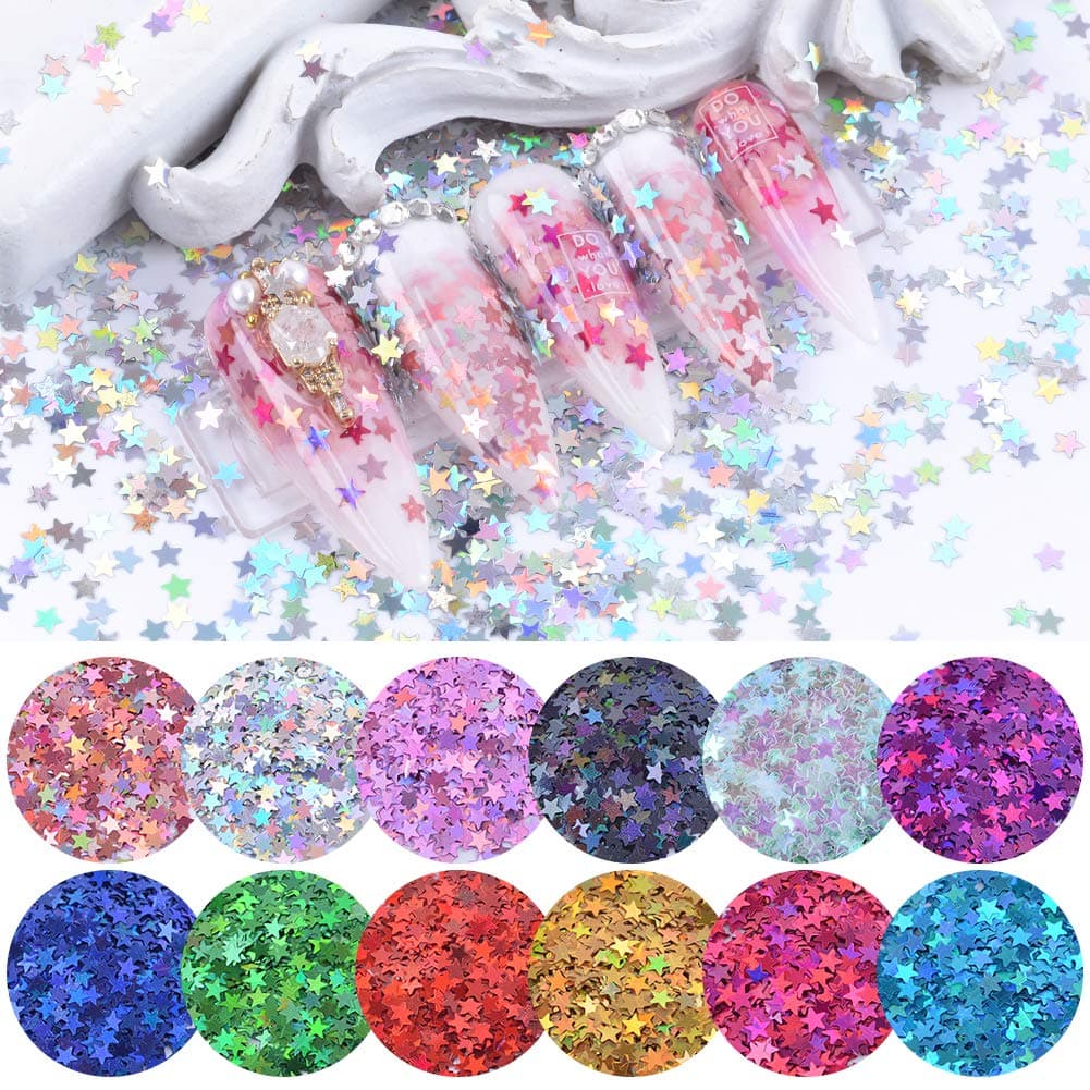 QIMYAR Nail Art Five Star Charming Sequin 3D Design Decals Glitter Fakes Tips for Face Eyes Body Hair 12 Colors