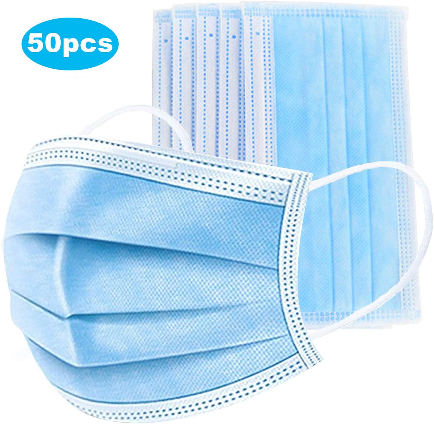 3 Ply Disposable Mask with Elastic Ear Loops - Soft & Comfortable Filter Safety Mask for Dust Protection - Protective(50pack)