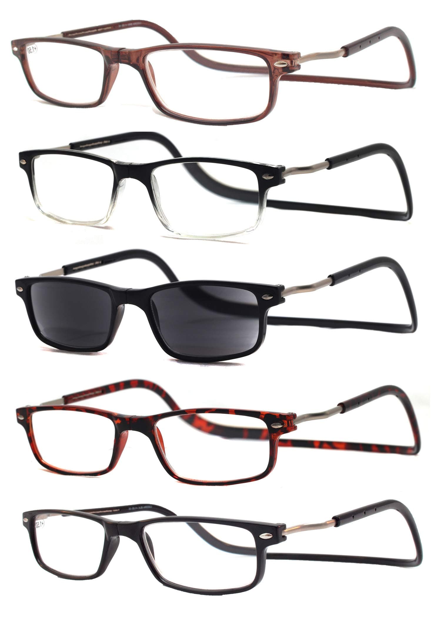 Reading Glasses Adjustable Magnetic 5-Pack with Built in Neck Strap for Men and Women New (2.00)