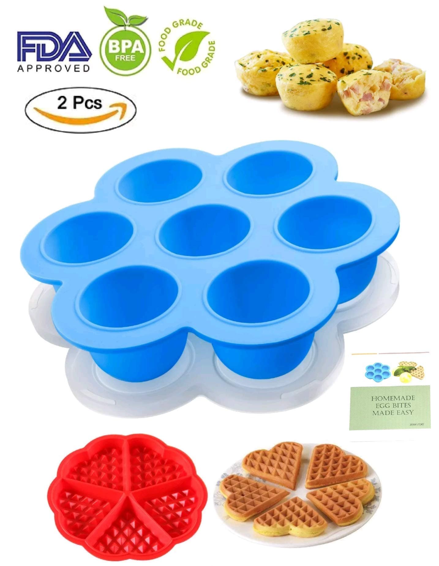 Silicone Egg Bites Molds for Instant Pot Accessories for 5,6,8 qt Pressure Cooker, Reusable Storage Container, Freezer Trays with Lid - With Recipe User Guide and Waffle Maker Mold