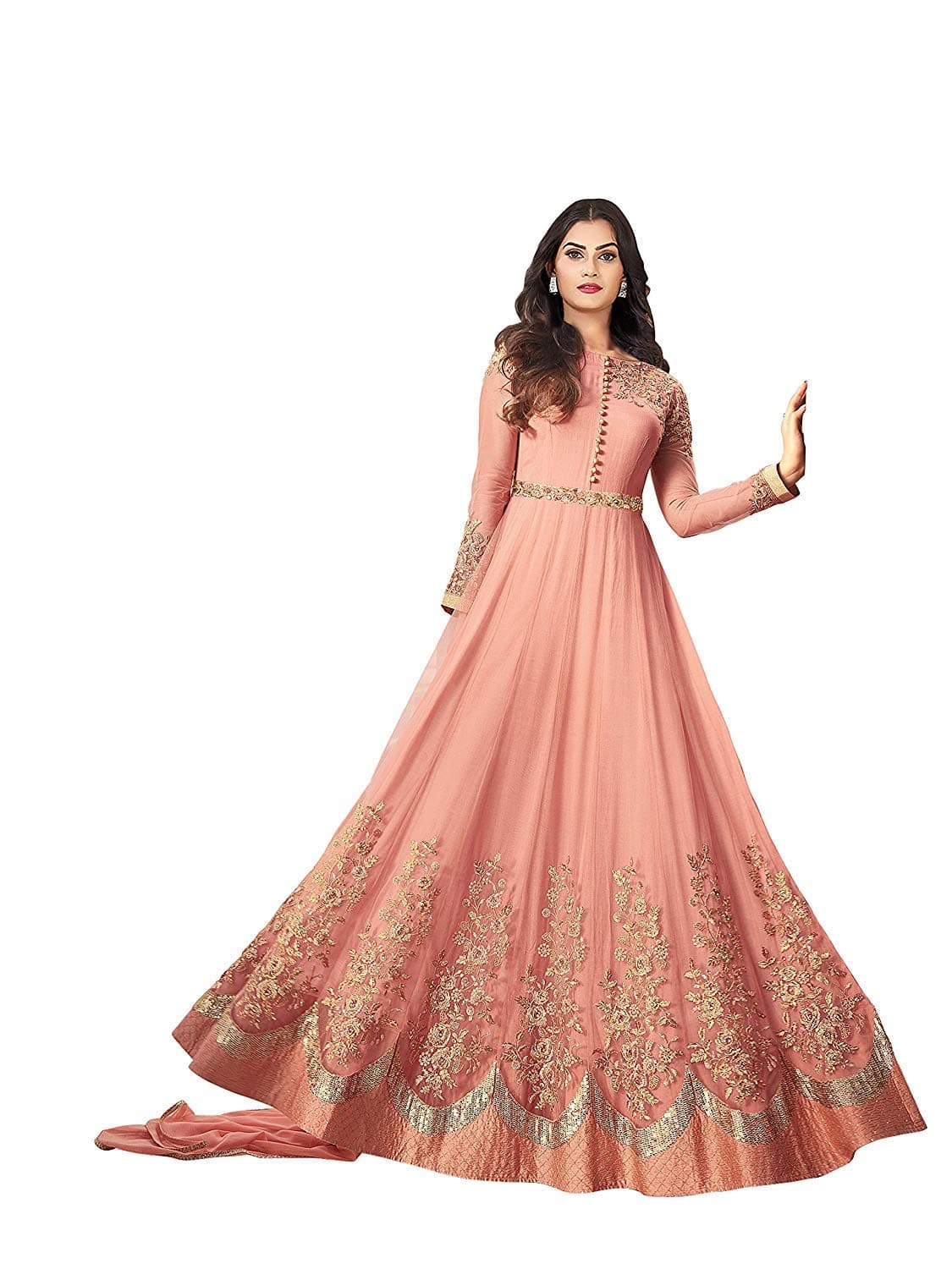 Nirja Women's Net Embroidered Salwar Suit (1257, Light Orange, Free Size)