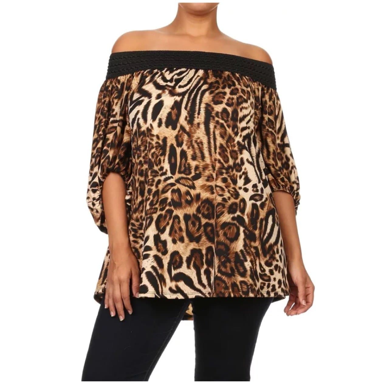 Plus Top Leopard Off Shoulder 3/4 Sleeve Blouse Loose Womens