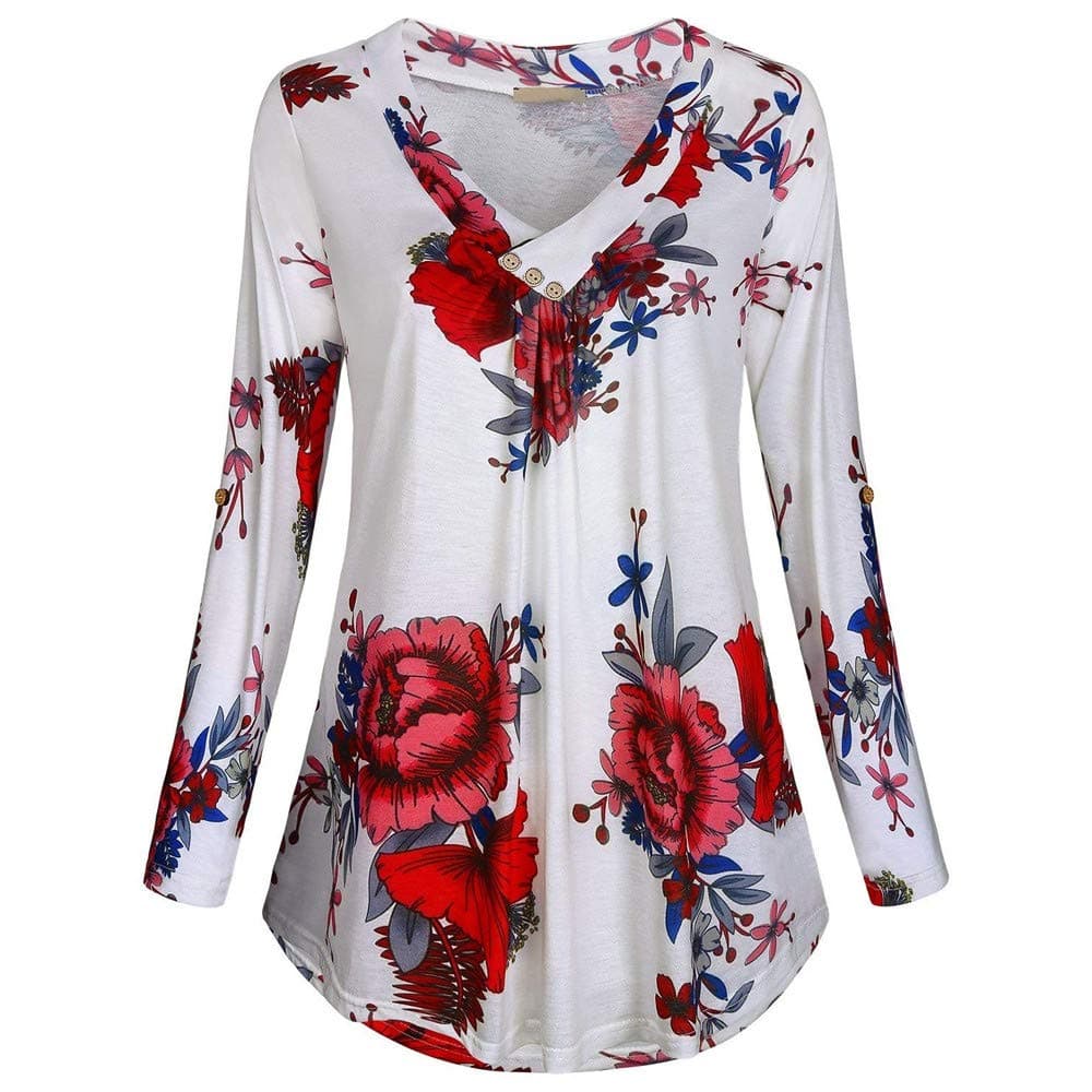 Orangeskycn Women Pullover Blouse Plus Size Flowy Long Sleeve Print V-Neck Button Shirt