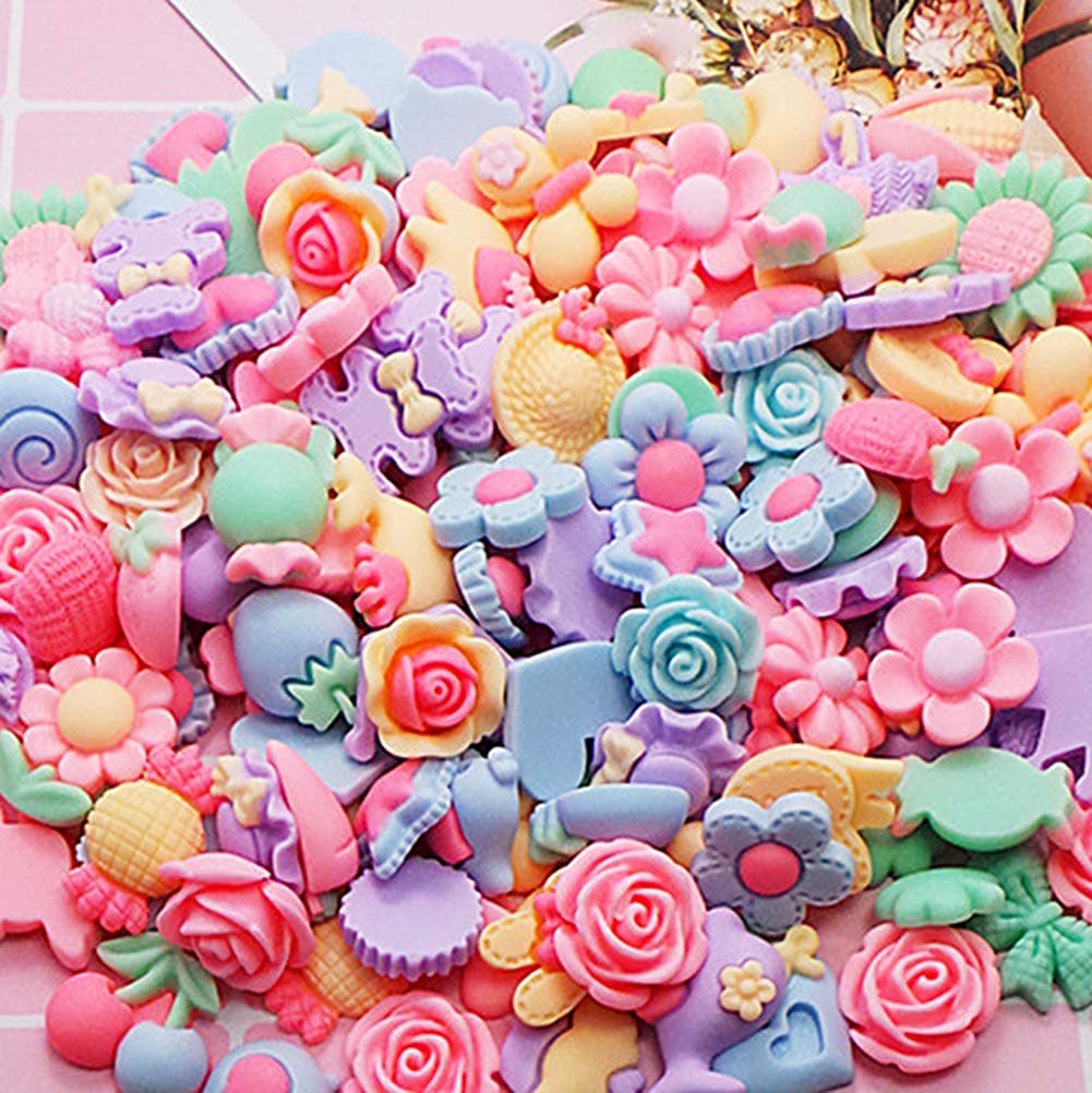 CZorange 100pcs Mixed Lots Resin Flatback Button Flower Bow for Hair Clip Scrapbooking Embellishments Craft Accessory Slime Charm Frosted Style