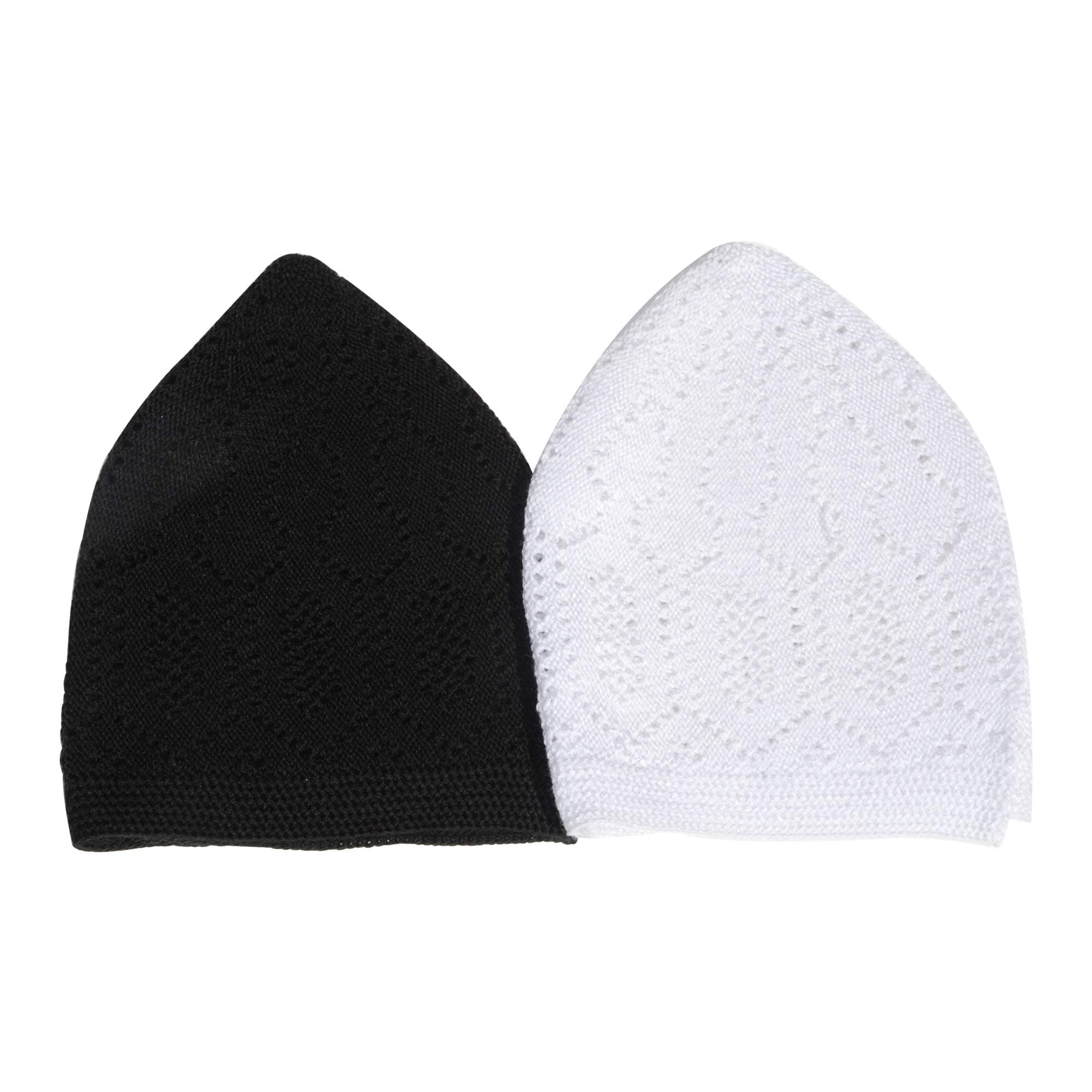Set of 2 - Black & White Plain Cotton Open-Knit Turkish Muslim Kufi Hats
