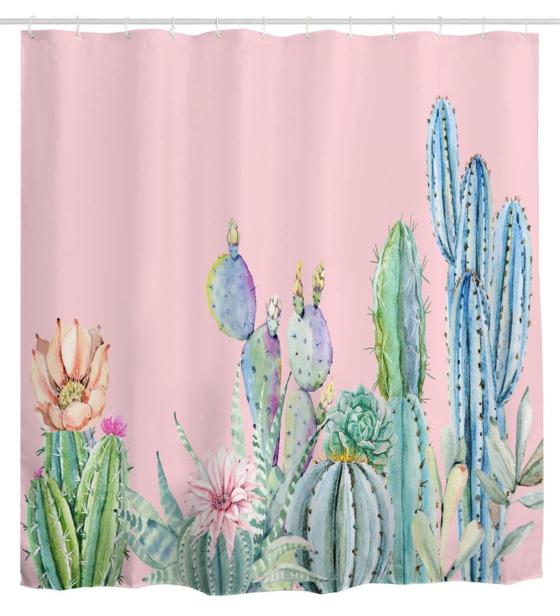 goodbath Cactus Flower Cacti Waterproof Mildew Resistant Polyester Fabric Bathroom Shower Curtain, 72W x 72H Inch, Pink Green