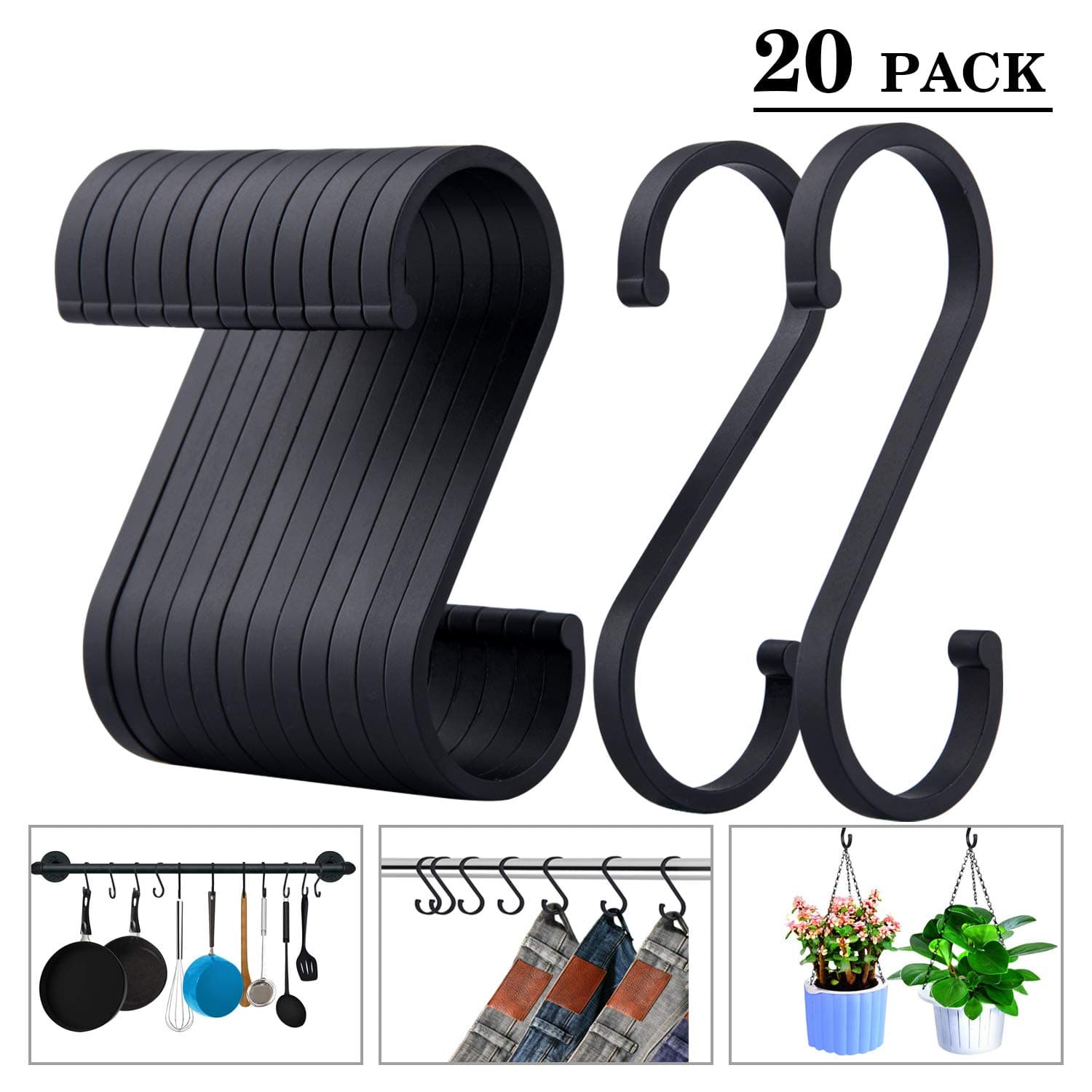 ACMETOP S Hooks, Aluminum S Shaped Hooks, Matte Finish S Hooks for Hanging Pots and Pans, Plants, Clothes, Towels in Kitchen, Bedroom, Bathroom, Office and Garden (20 Pack Matte Black)