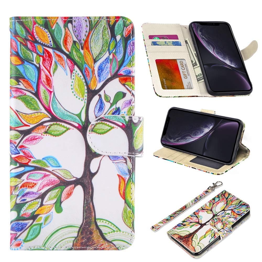 RusseryPek iPhone XR Case Wallet Folio Flip Premium PU Leather Cover with Card Holder Slot Pockets,Wrist Strap,Kickstand,Magnetic Closure for iPhone XR 6.1 inch (2018),Love Tree