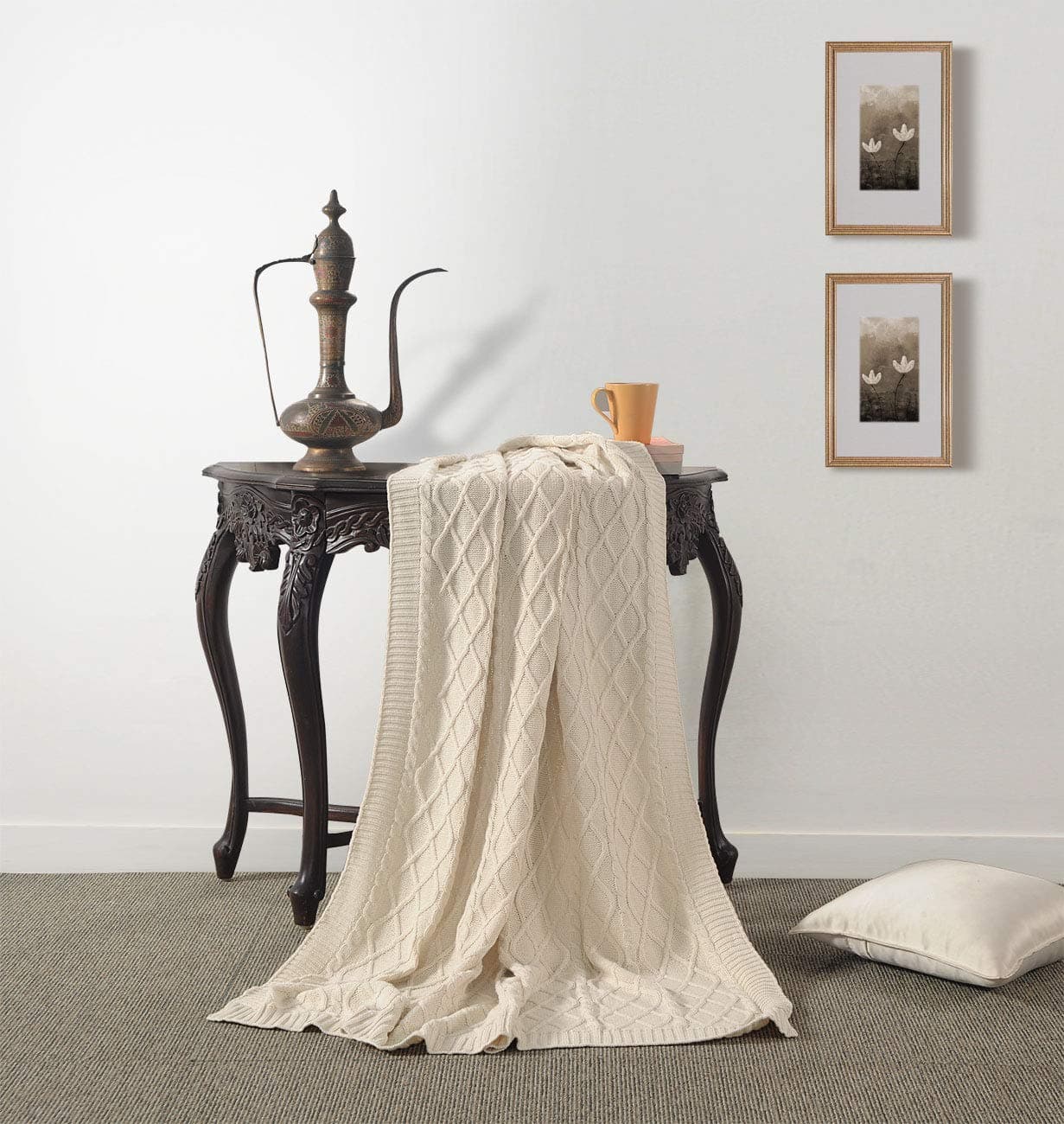 Aztocratic Combed Cotton Throw Blanket, Super Soft Cozy Lightweight Fluffy Oversized, Sustainably Produced Jacquard Cable Knit Throw for Sofa Couch Bed Chair - 50 x 70 Inches Ivory