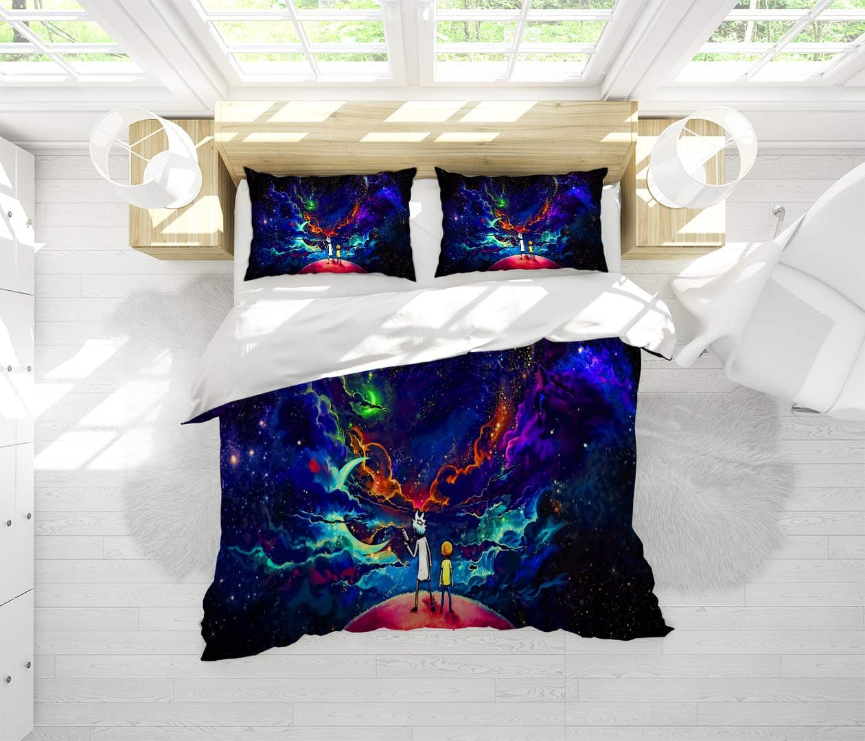 Comforter Bedding Set 3 Piece Set Rick and Morty Printing Bedding Set Full Duvet Cover Set Comforter Cover with and 2 Pillow Shams with Zipper Closure Ultra, Quenn (90x90 inches)