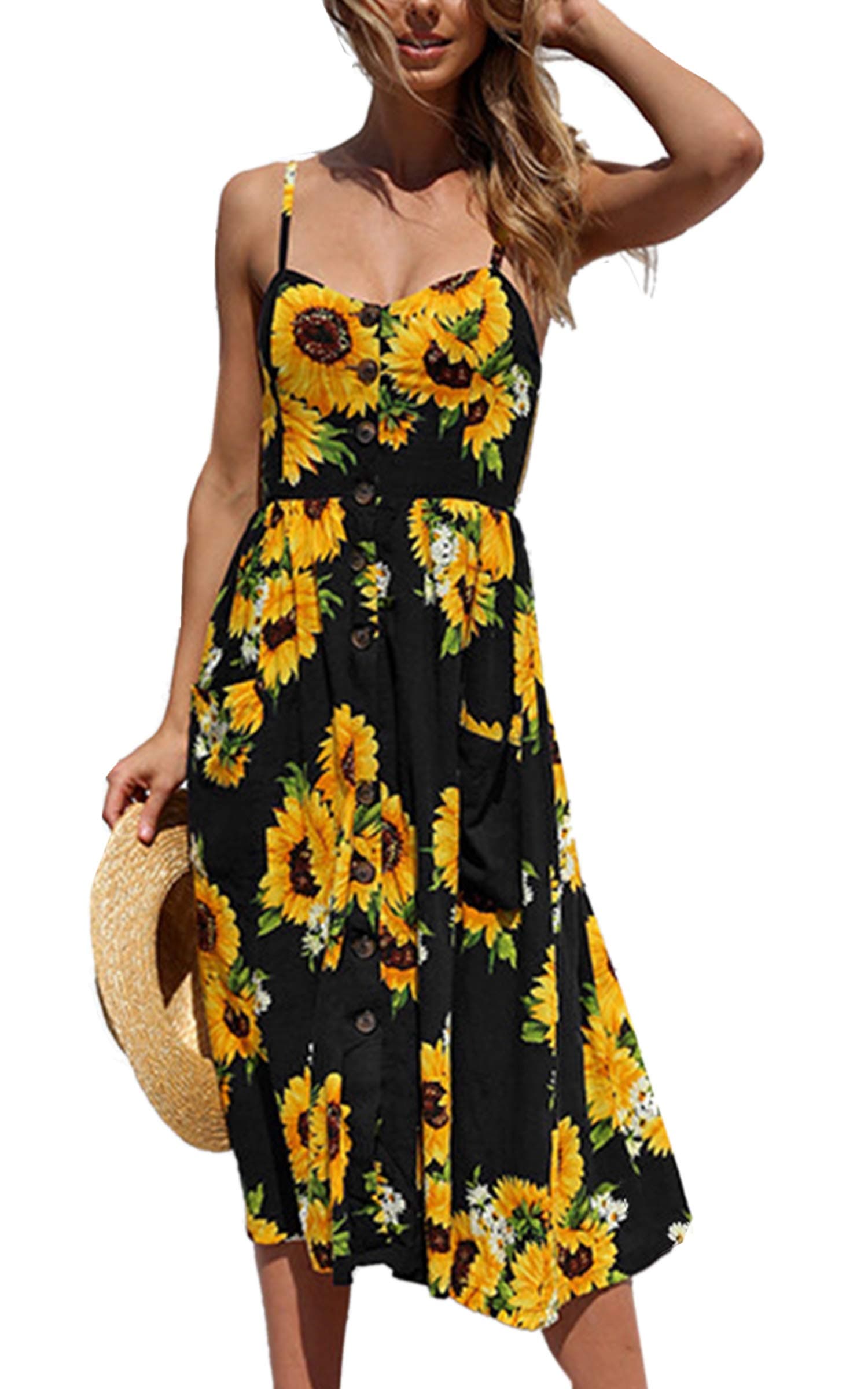 Women's Dresses-Summer Floral Bohemian Adjustable Spaghetti Strap Button Down Swing Midi Dress with Pockets