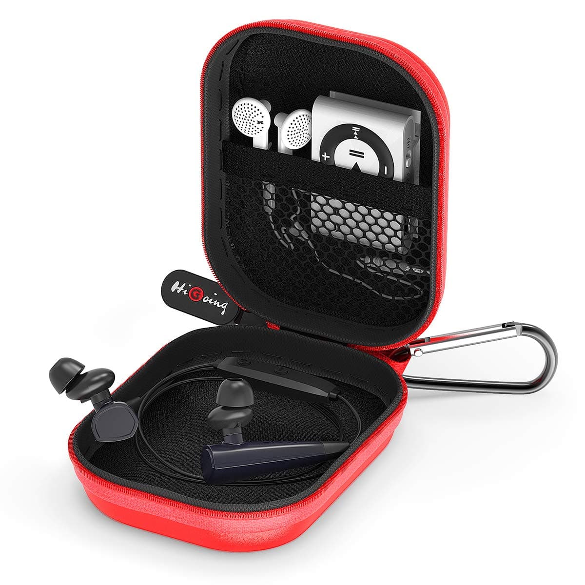 Earbud Case, HiGoing Mini Earphone Case EVA Hard Protective Carrying Case Travel Portable Pouch Storage Bag for Earset & Mini Items (Square Case with Carabiner)