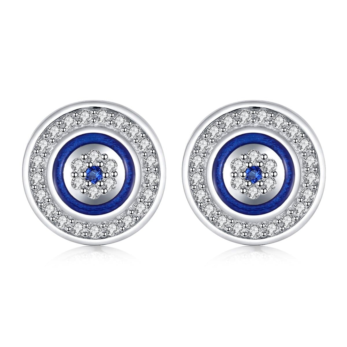 Round Blue Evil Eye Stud Earrings Dia.10mm Sterling Silver 925 Blue White Cubic Zirconia with Enamel