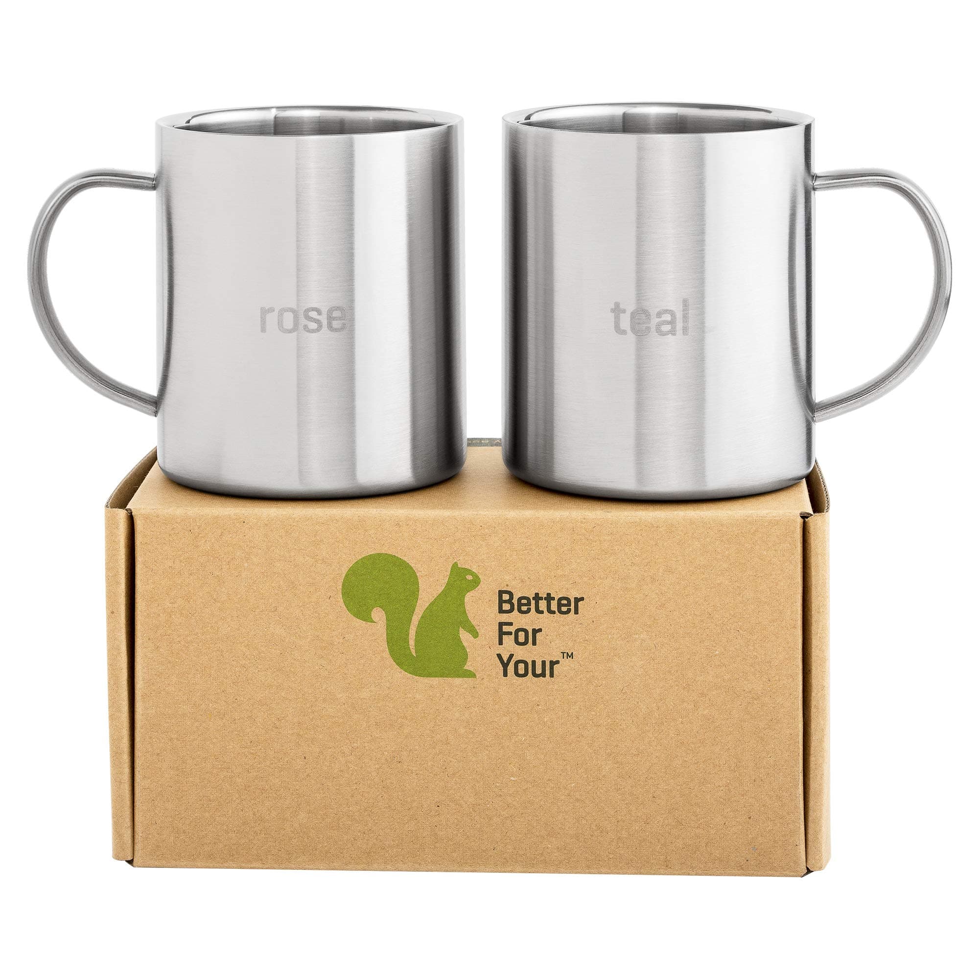 Coffee Mugs Stainless Steel - Premium Wider Handle Double Wall 13.5 oz 'ROSE' & 'TEAL' Literal Color Laser Etched Cups for Camping Home RV Gift Outdoors - Shatterproof Dishwasher Safe (Set of 2)