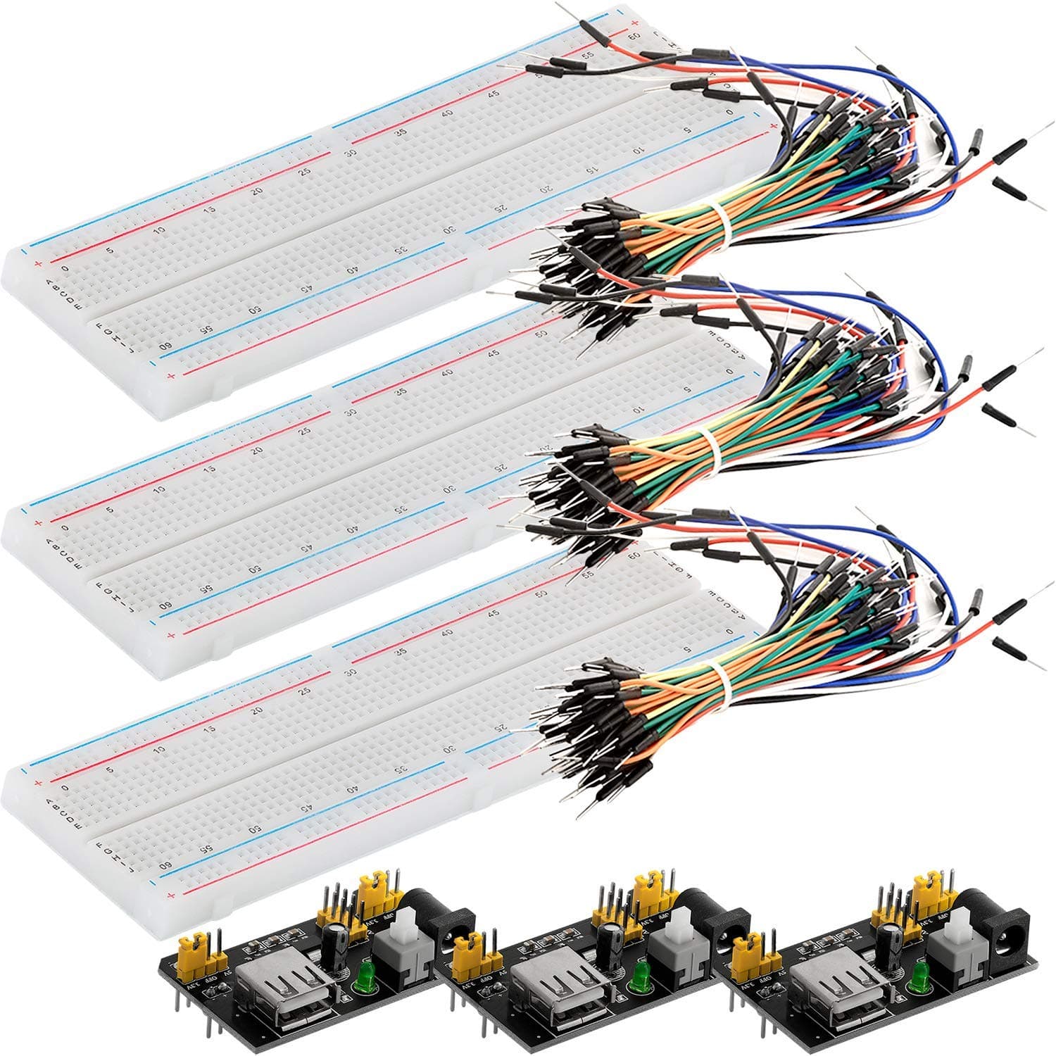 AZDelivery 3 x MB-102 Breadboard Kit - 830 Tie Point Solderless Plug-in Prototype PCB Board, Power Supply Module 3.3V 5V 700mA Adapter, 65 PCS Jumper Wire Set compatible with Arduino Including E-Book!