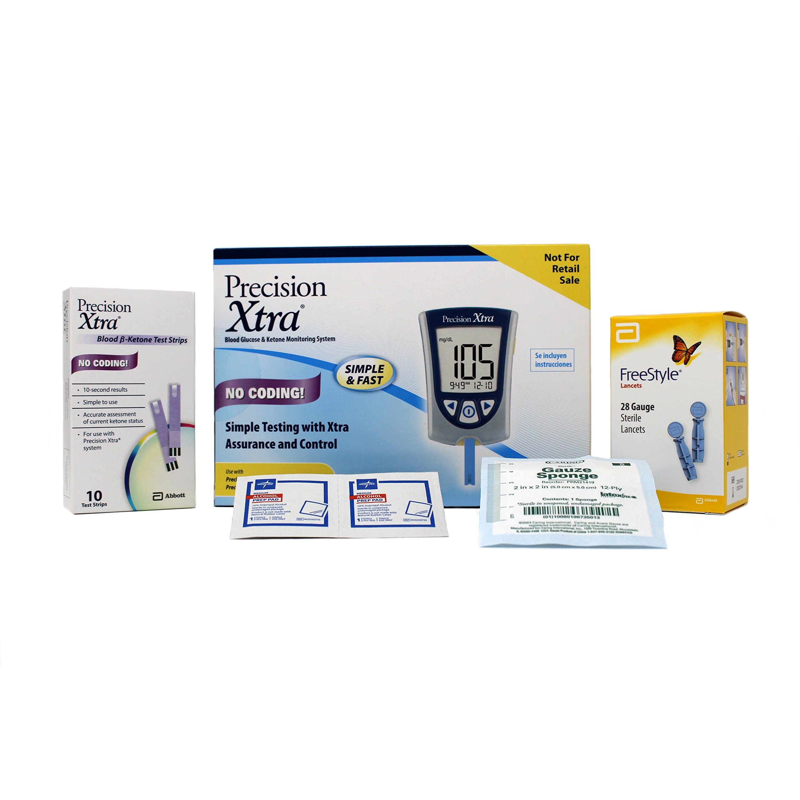 Precision Xtra Abott Diabetic Monitoring System Bundle Kit – Glucose Meter Glucose Test Strips Ketone Strips Sterile Lancets Gauze Pads Alcohol Wipes Great for Travel Simple Testing,
