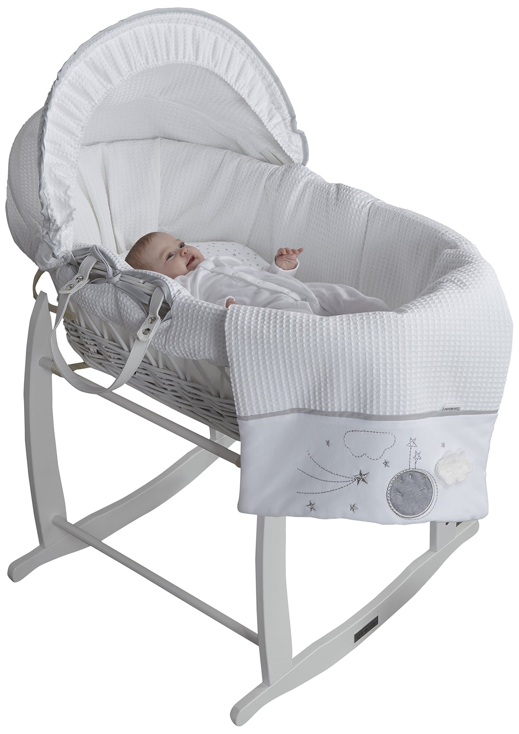 Clair de Lune Over The Moon White Wicker Moses Basket (Grey)
