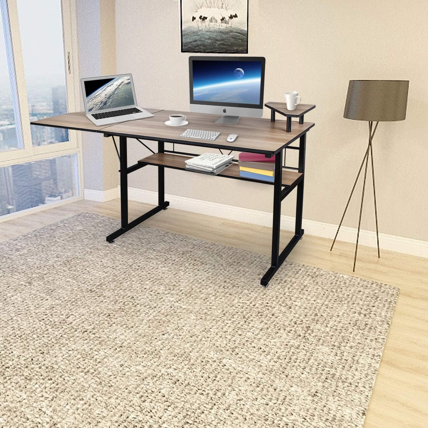 Computer Desk Office Desk with Foldable Desktop Corner Table Mordern Writing Table with Storage Shelf Sturdy PC Laptop Desk Home Workstation