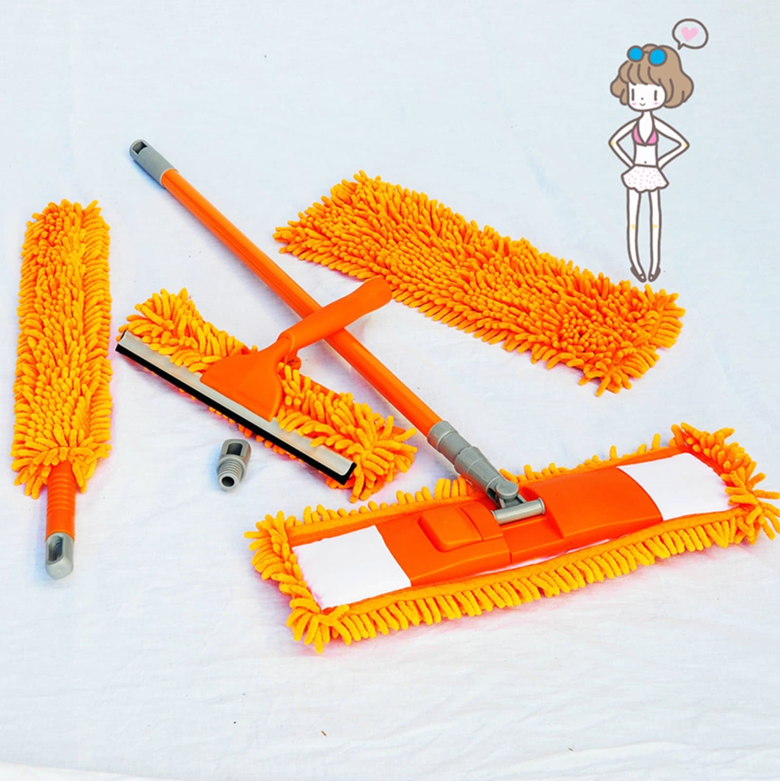 Crystalman Orange Microfiber Flip mop home office floor clean adjustable length combine with glass cleaner squeegee function mop