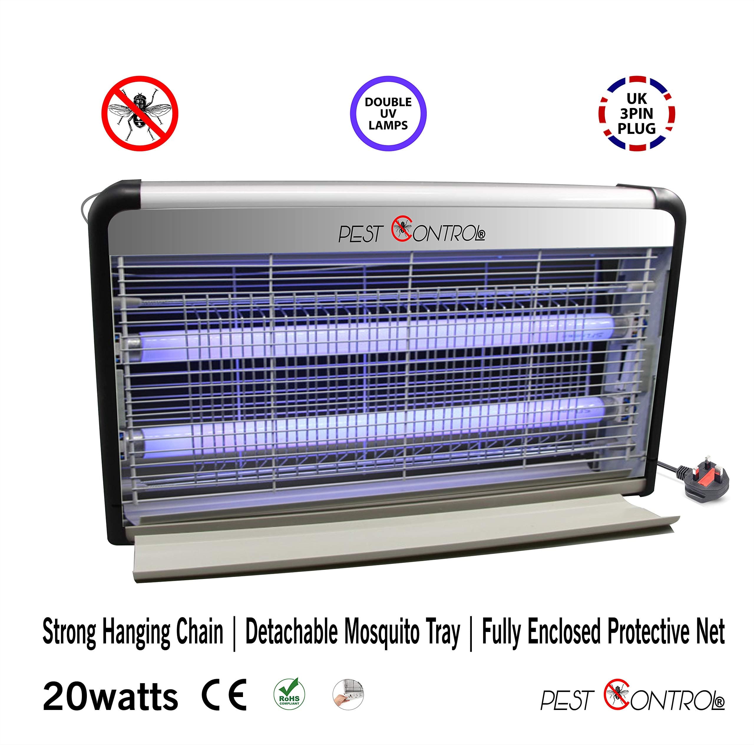 Pest Control lectric 20W, Electric, Insect, Mosquito, Bug, Moth, Fly or Any Pest Killer Zapper, Powerful 2800V Grid, Energy Saving, Ultraviolet Light Bulb, Indoor Use, Silver, Black